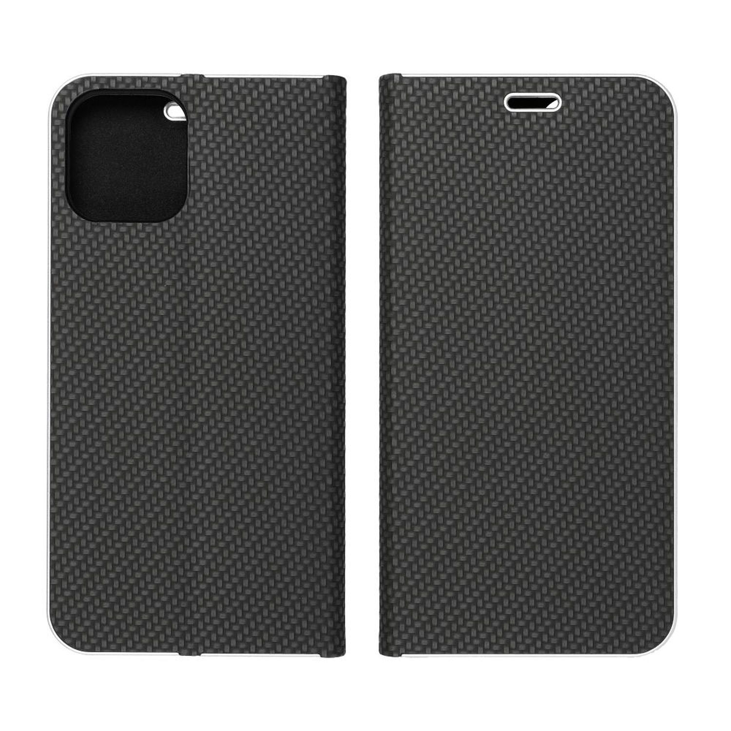 Schwarze Handyhülle offen und geschlossen auf weißem Hintergrund, strukturiertes Design.