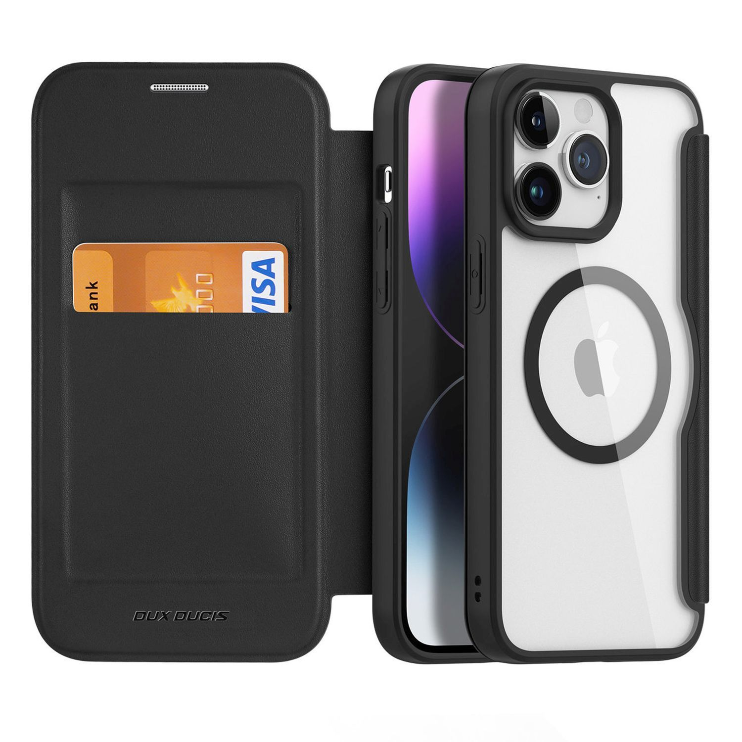 Eine schwarze Handyhülle mit Kartenfach und eine durchsichtige Handyhülle, die ein Telefon hält.