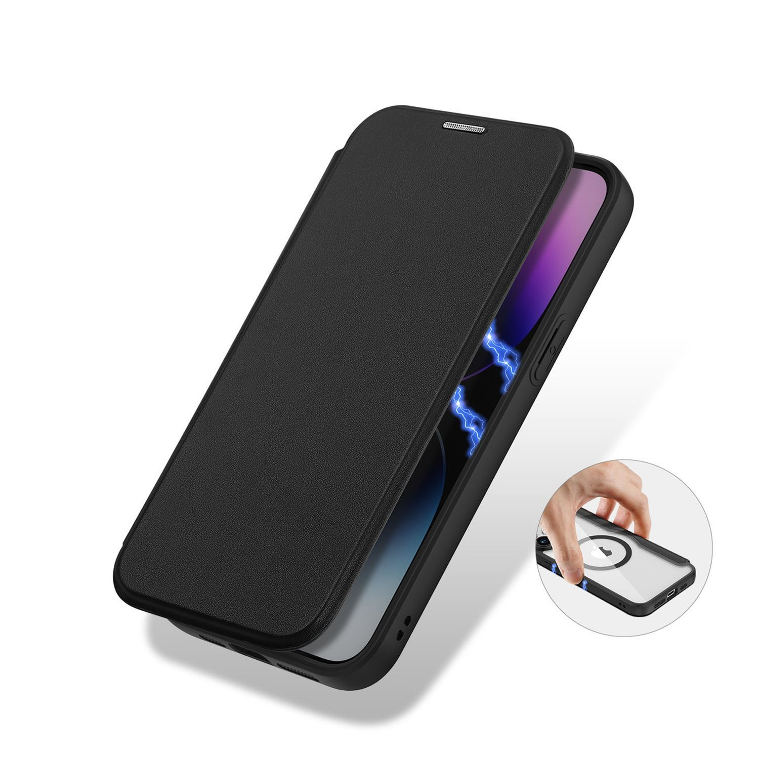 Schwarze Handyhülle mit Bildschirmabdeckung und eine Hand, die einen Magnetring hält.
