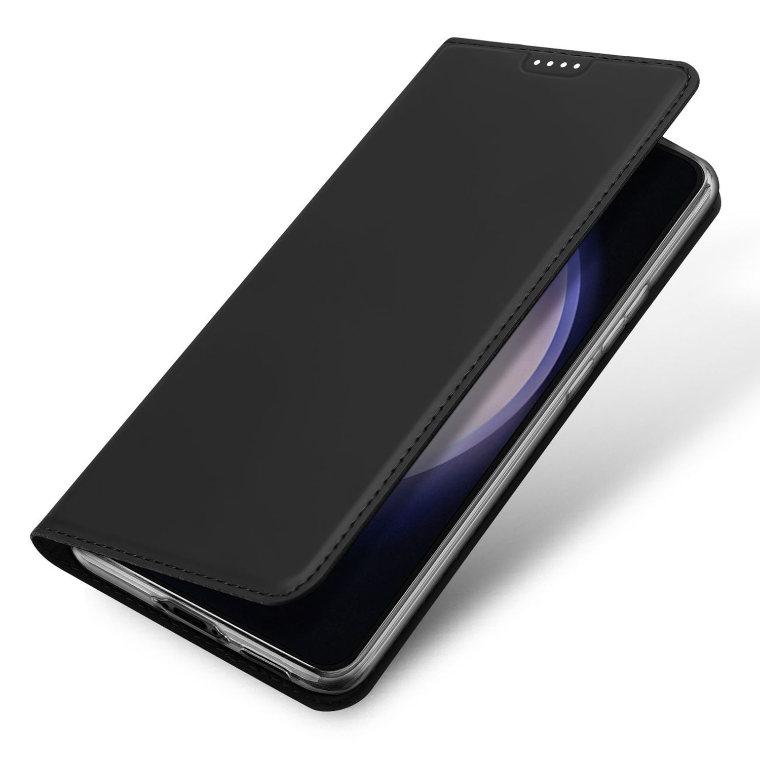 Coque de téléphone noire, ouverte. Téléphone à l'intérieur, écran visible. Coque noire. Fond blanc.