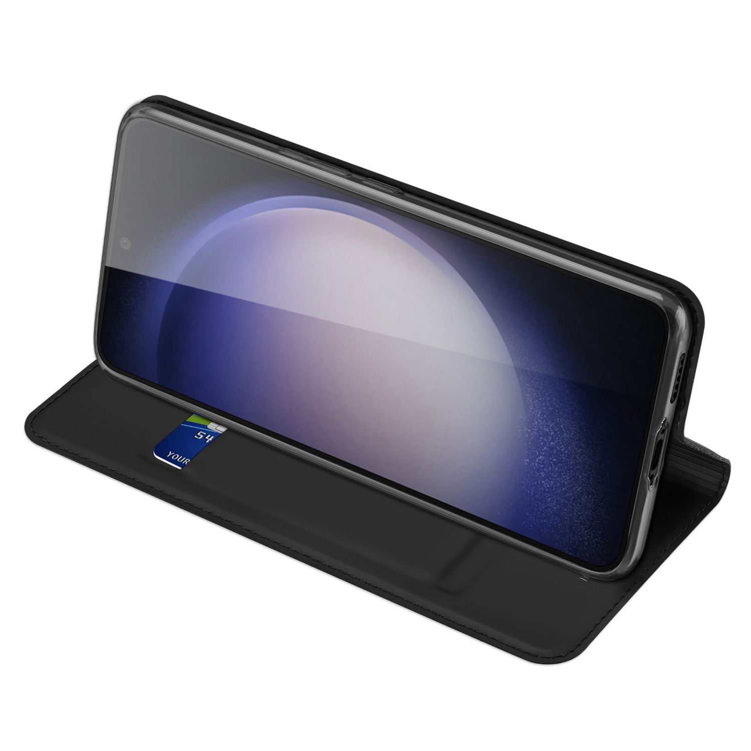 Étui de téléphone noir avec un téléphone. Le téléphone affiche une image bleue et blanche.