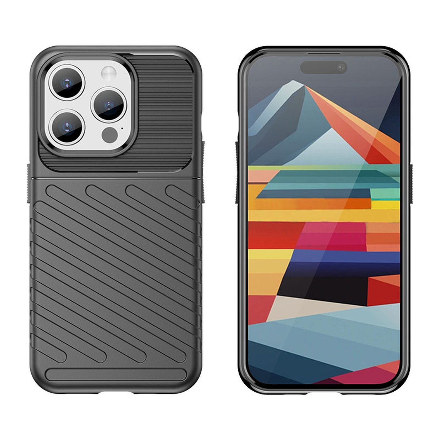 Handyhülle mit Telefon. Eine Seite ist schwarz, die andere hat ein farbenfrohes Display.