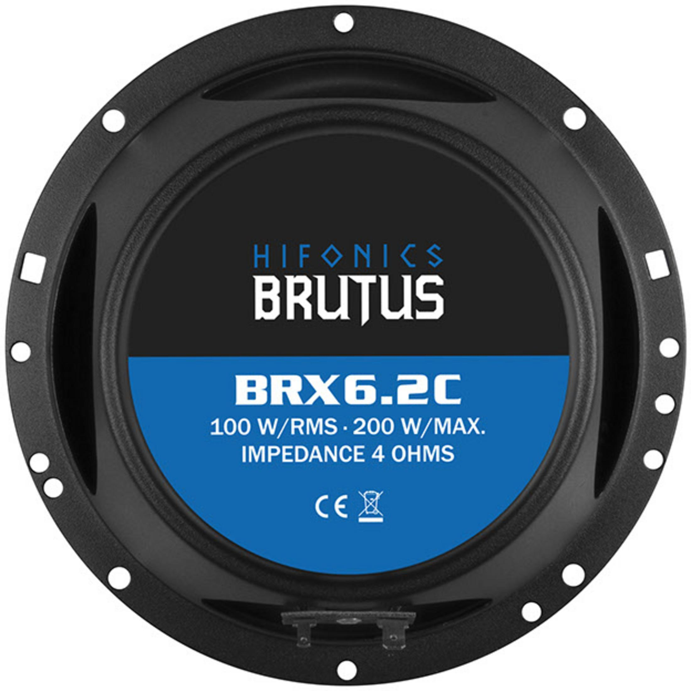 Schwarzer Lautsprecher mit blauem und schwarzem Zentrum. Text: HIFONICS BRUTUS, BRX6.2C, 100W/RMS.
