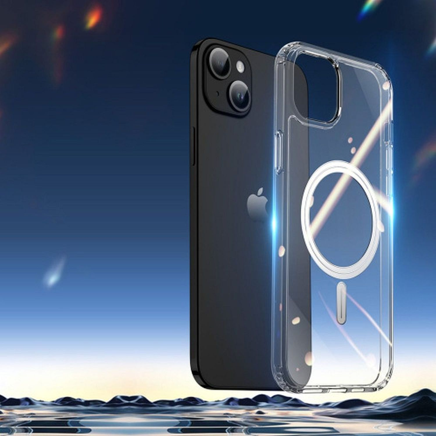 Schwarzes Telefon neben einer transparenten Hülle mit weißem Kreisdesign.