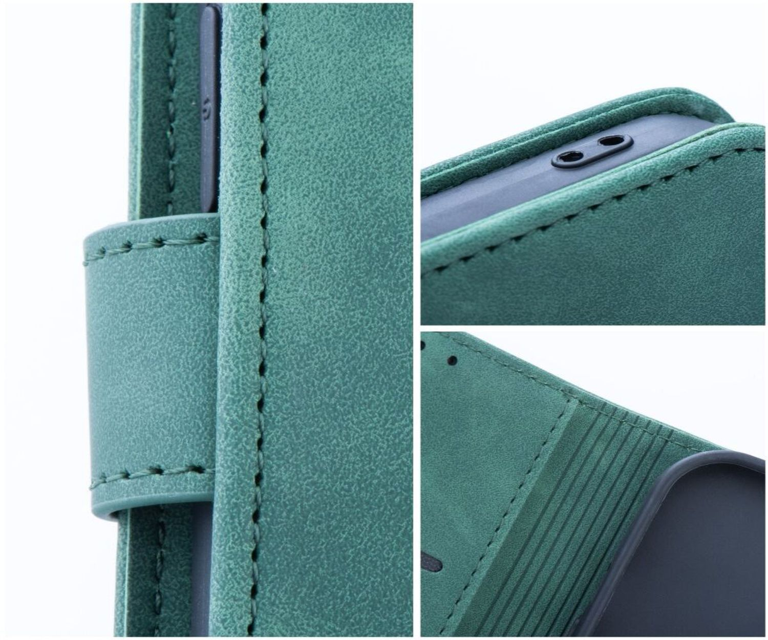 Nahaufnahme von Details einer grünen Handyhülle. Nähte, Verschluss und Textur, weißer Hintergrund.