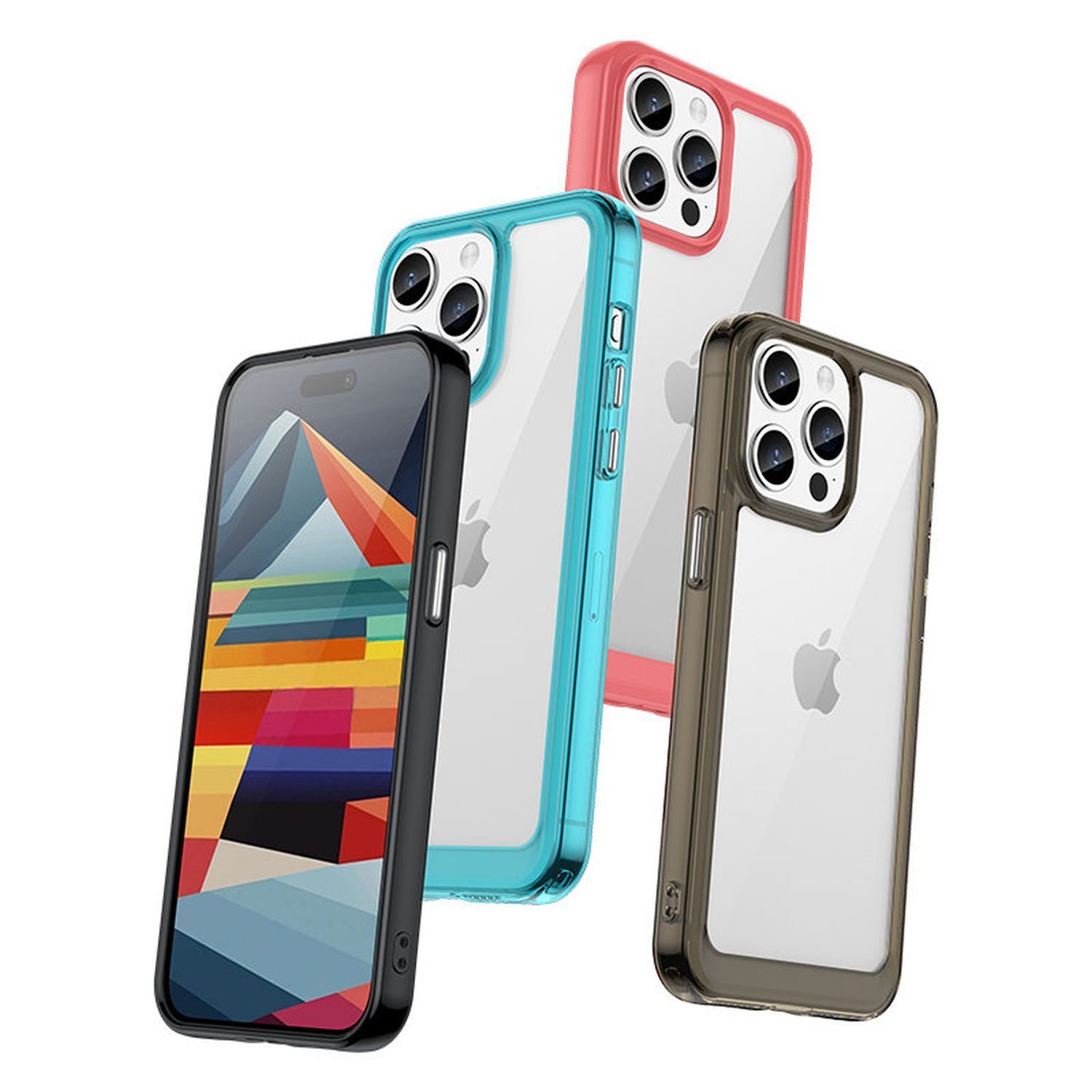 Vier iPhones in unterschiedlich farbigen Hüllen; türkis, rosa, schwarz und braun, schräg.