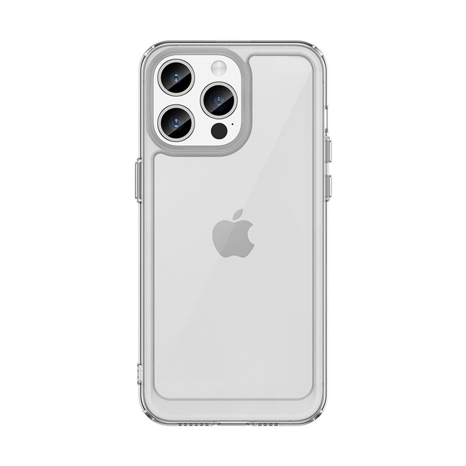 Transparente Handyhülle auf weißem Hintergrund, mit Apple-Logo.