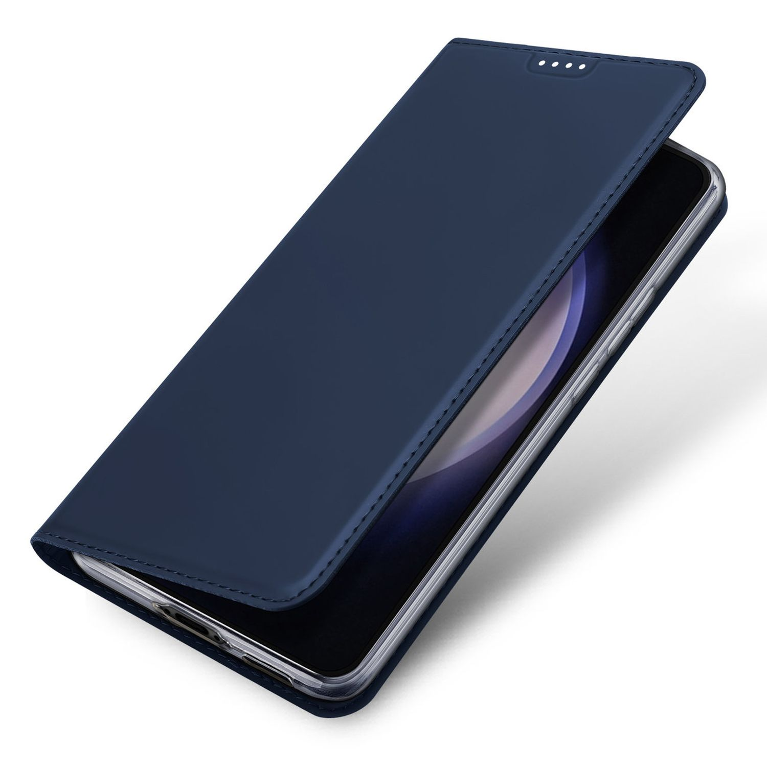 Custodia blu aperta, rivela lo schermo del telefono. La custodia è in similpelle, con cuciture.