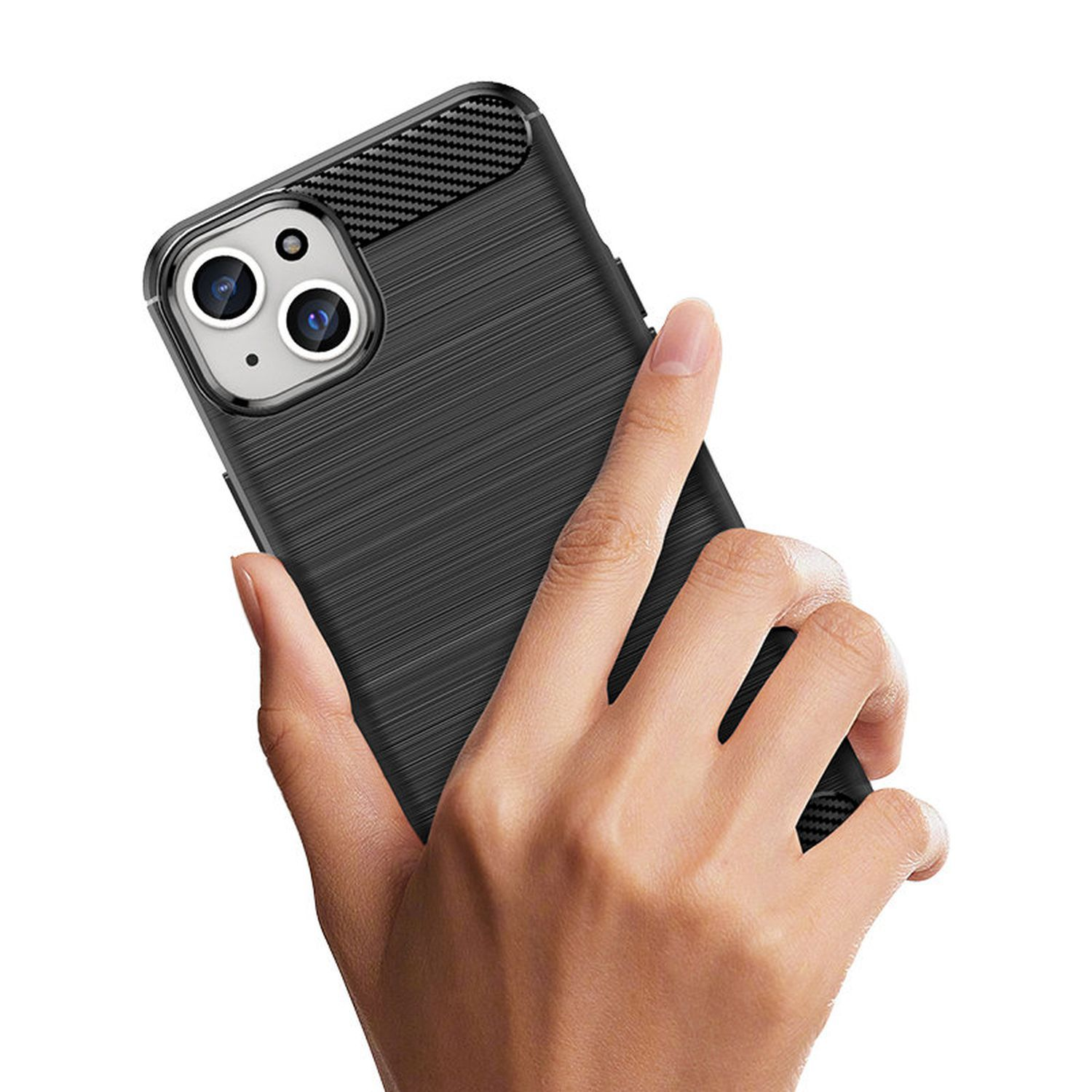 Eine Hand, die eine schwarze Handyhülle mit Kameras auf weißem Hintergrund hält.