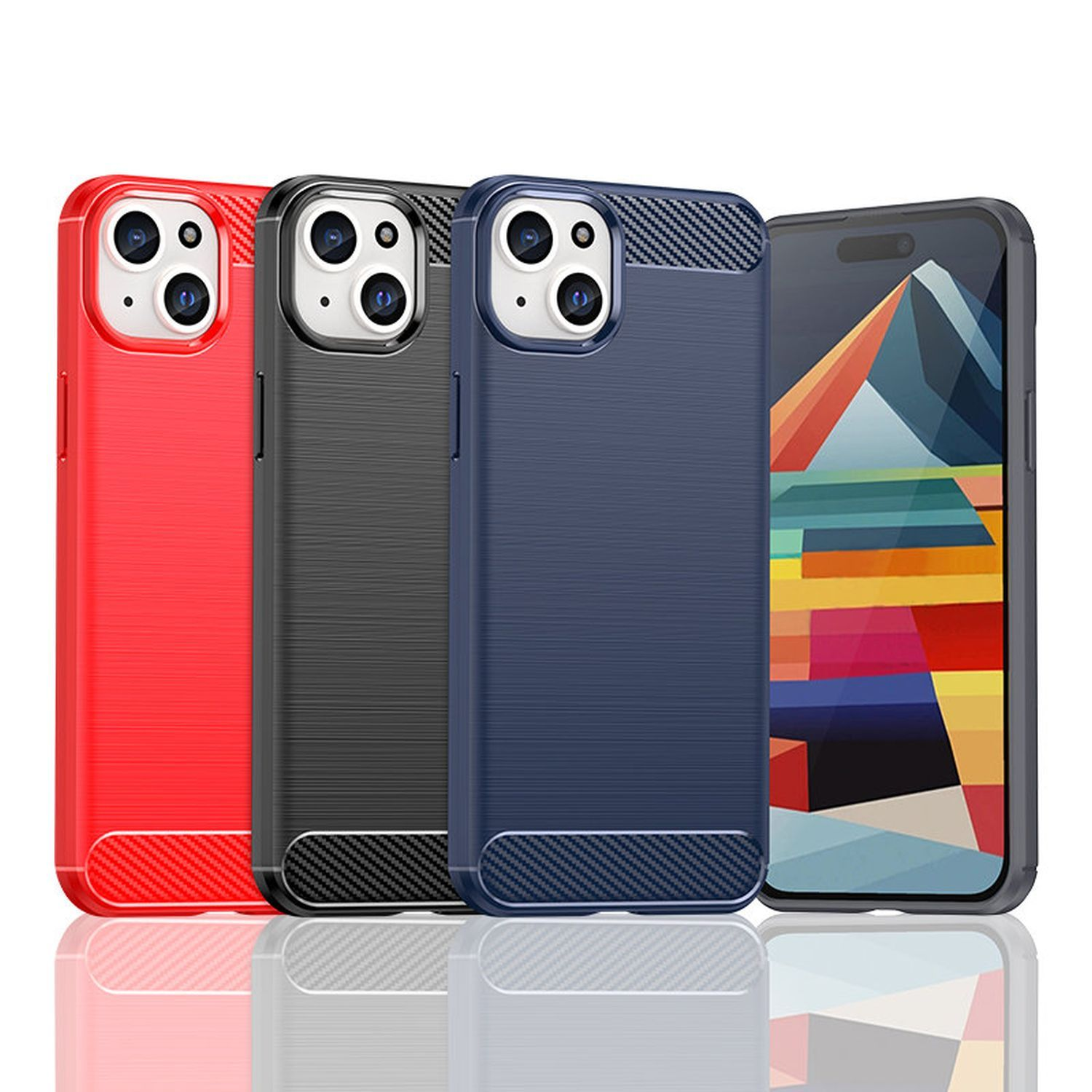 Vier Handyhüllen: rot, schwarz, marineblau und ein Telefon, mit strukturiertem Design.