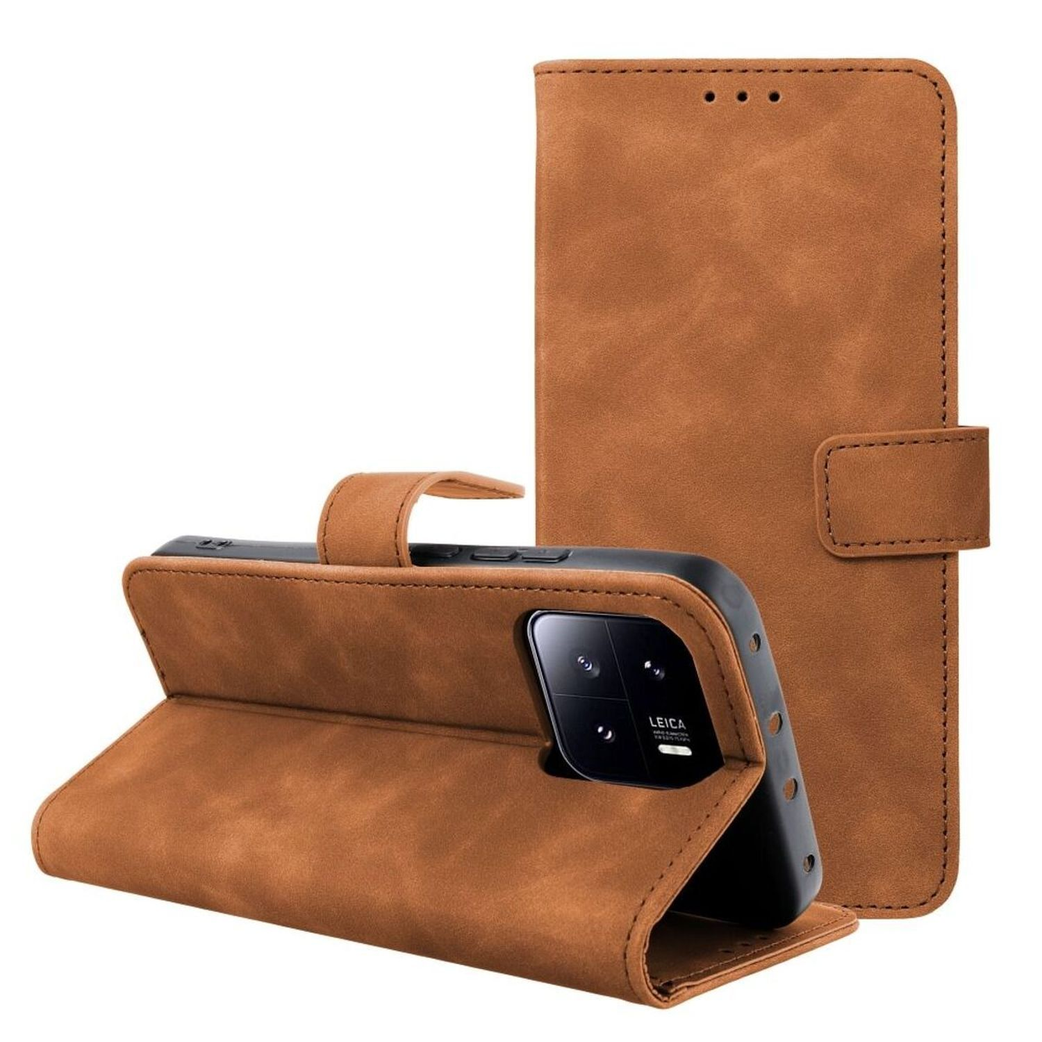 Braune Leder-Handyhülle, geöffnet, um das Telefon und seine Kamera zu zeigen.