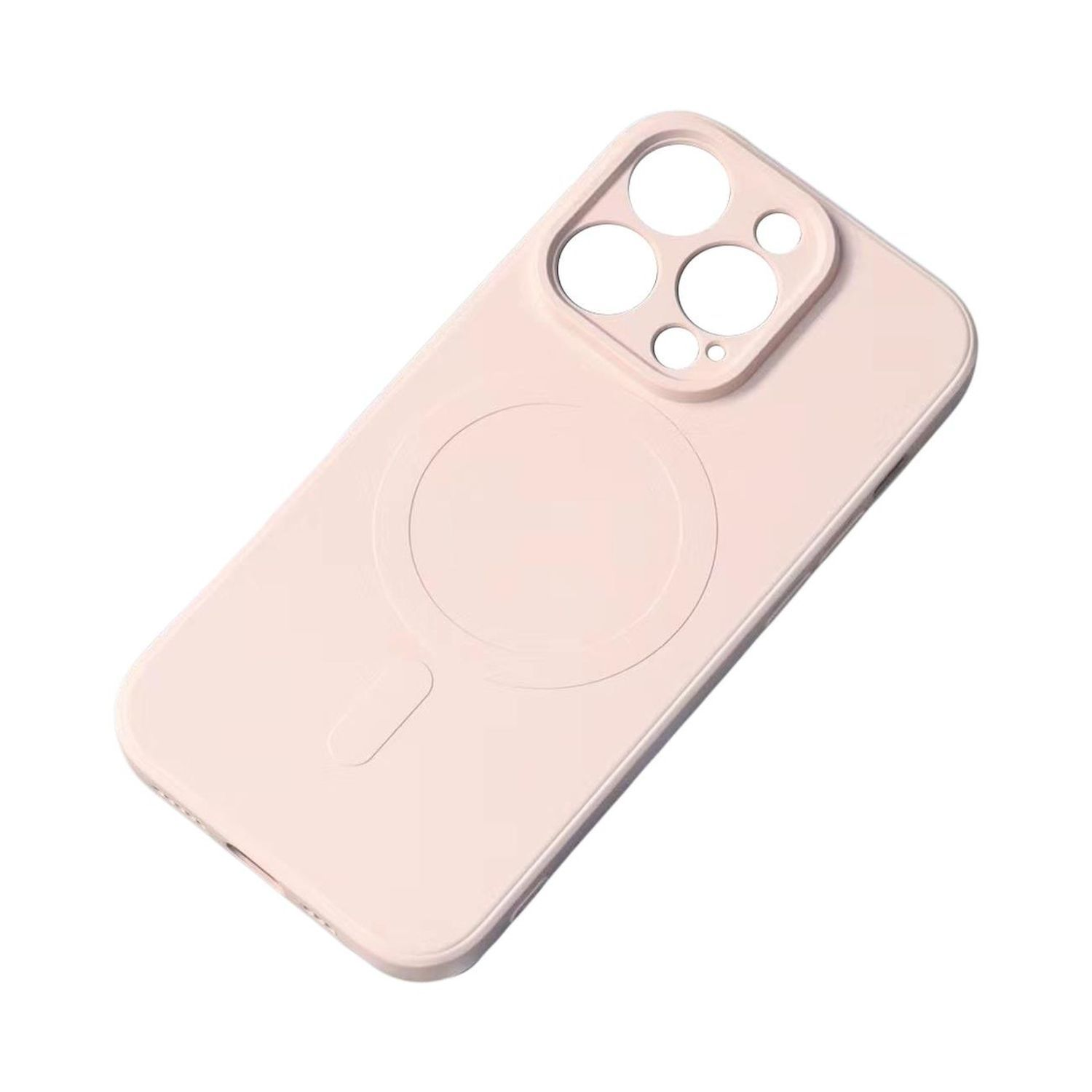Eine pinke Handyhülle mit Kameraausschnitten und kreisförmigem Design, auf weißem Hintergrund.