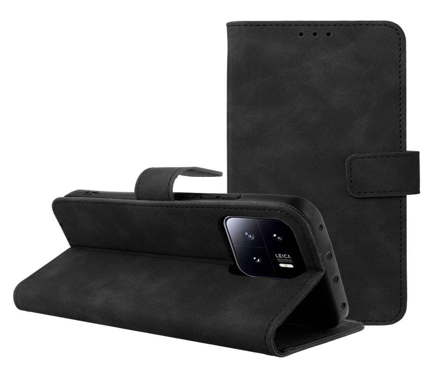 Eine schwarze Leder-Handyhülle, geöffnet, um ein Telefon zu zeigen. Mit einem Riemen zum Schließen.
