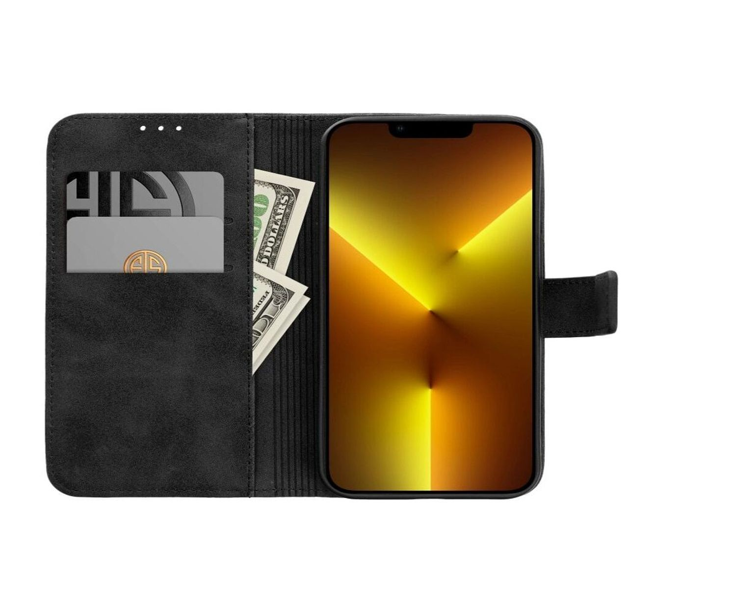 Eine schwarze Handyhülle mit Geldbörsenfunktion, die Bargeld und Karten zeigt.
