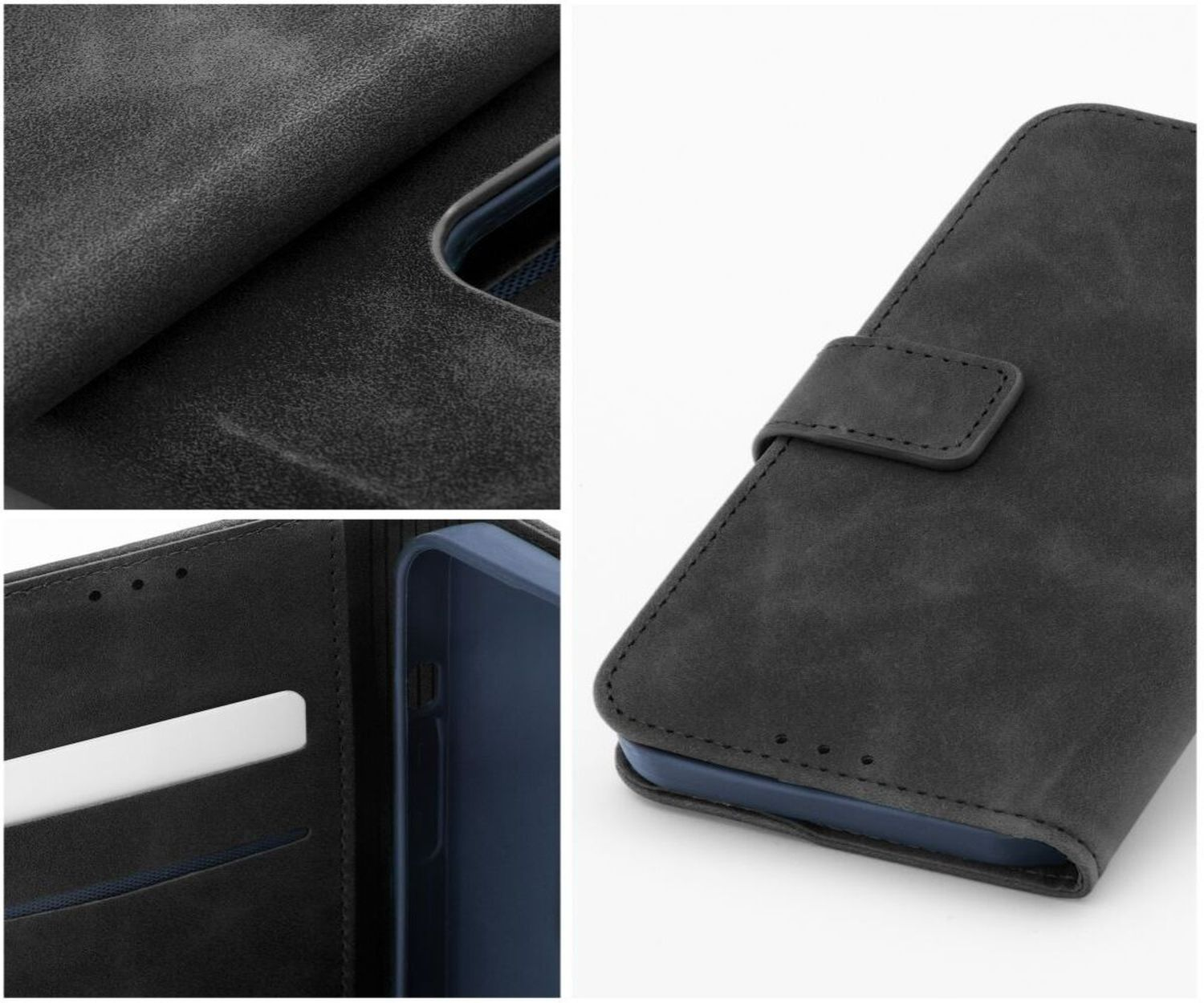 Eine Brieftaschen-Handyhülle, offen, mit Kartenfächern und dem Telefonhalter.