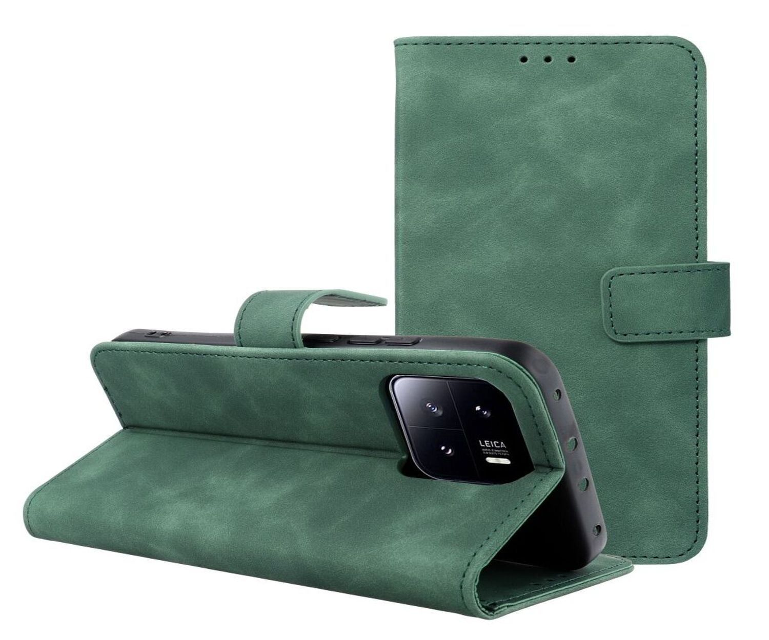 Grüne Leder-Handyhülle, Telefon mit Kamera innen, geöffnet und gefaltet.