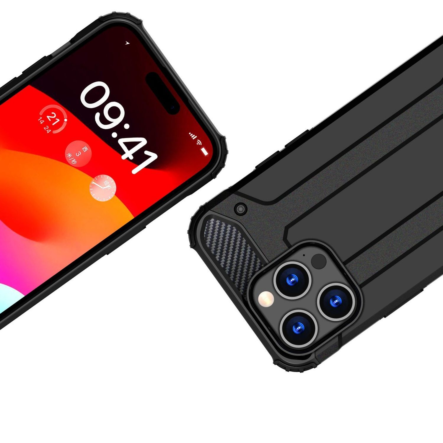 Ein Smartphone mit Schutzhülle, das den Bildschirm und die Rückseite des Telefons zeigt.