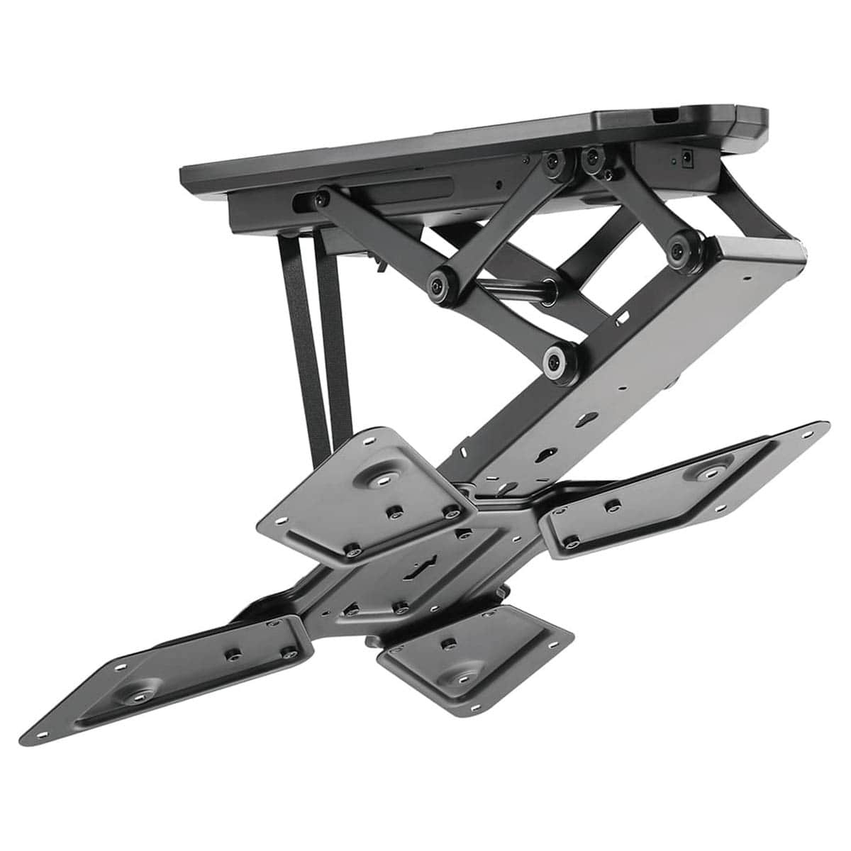 Supporto per proiettore nero da soffitto con più bracci articolati e piastre di montaggio.