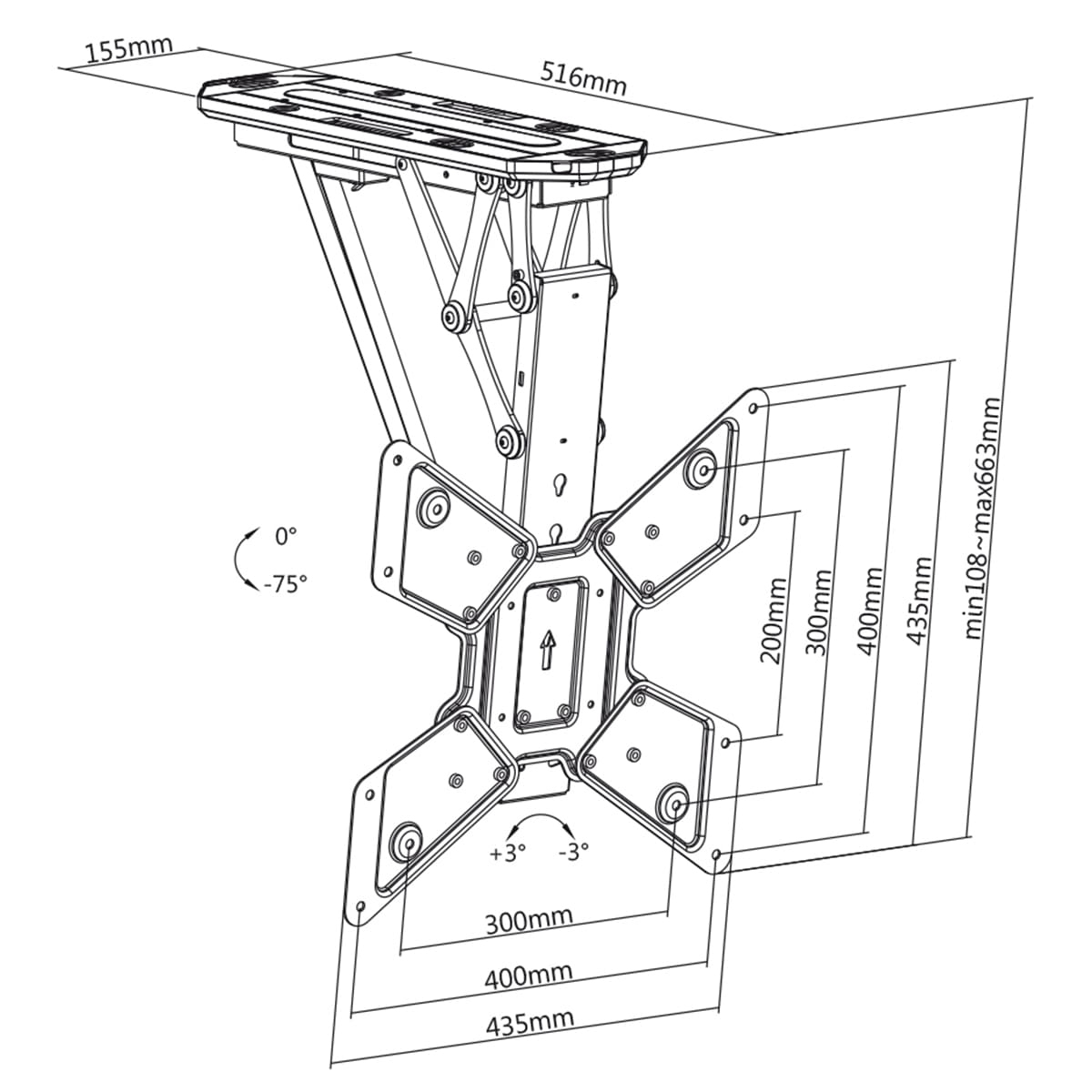 Diagramma di una staffa TV a soffitto nera e argento con dimensioni.