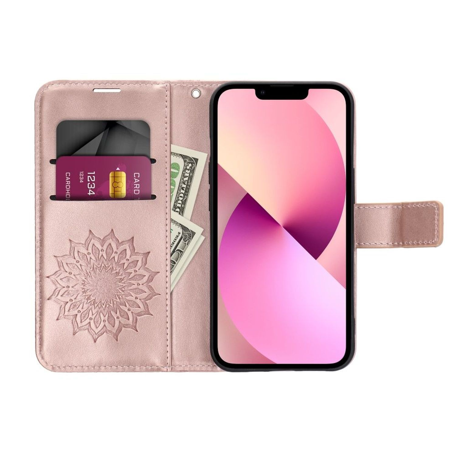 Rosa Handyhülle mit Kartenfach und Geld. Telefonbildschirm sichtbar, weißer Hintergrund.