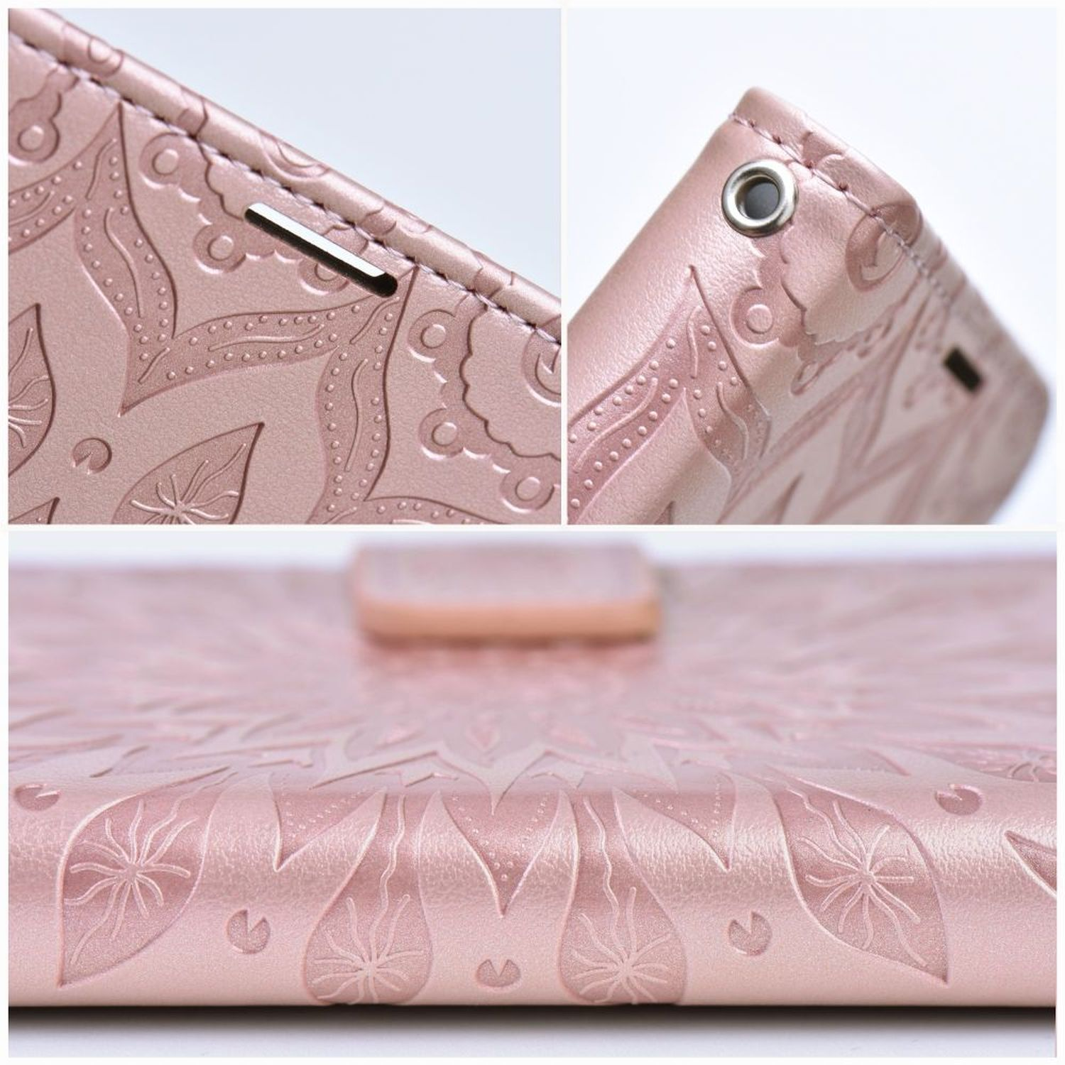 Nahaufnahmen einer rosa, strukturierten Handyhülle mit dekorativem Blumenmuster, die Details zeigen.