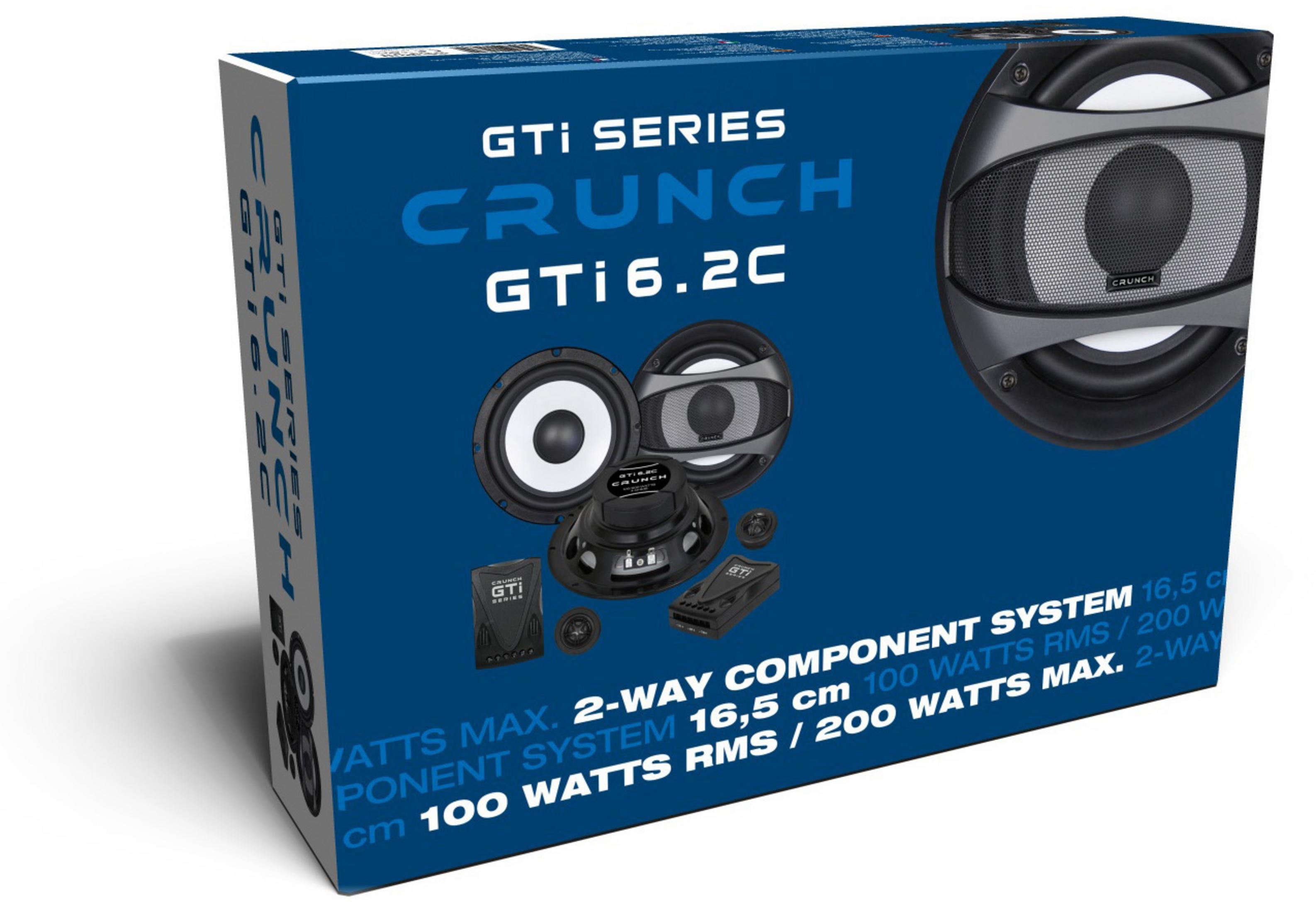 Box mit Lautsprechern. Text: GTI SERIES CRUNCH GTI6.2C. Enthält Komponenten und Specs.