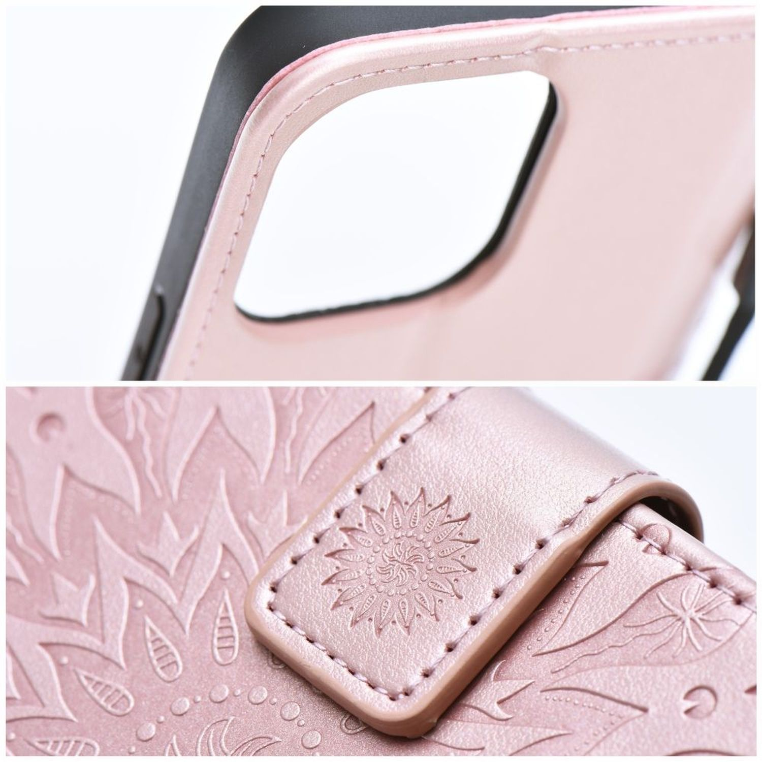 Nahaufnahme einer rosa Handyhülle mit Blumenmuster und Magnetverschluss.