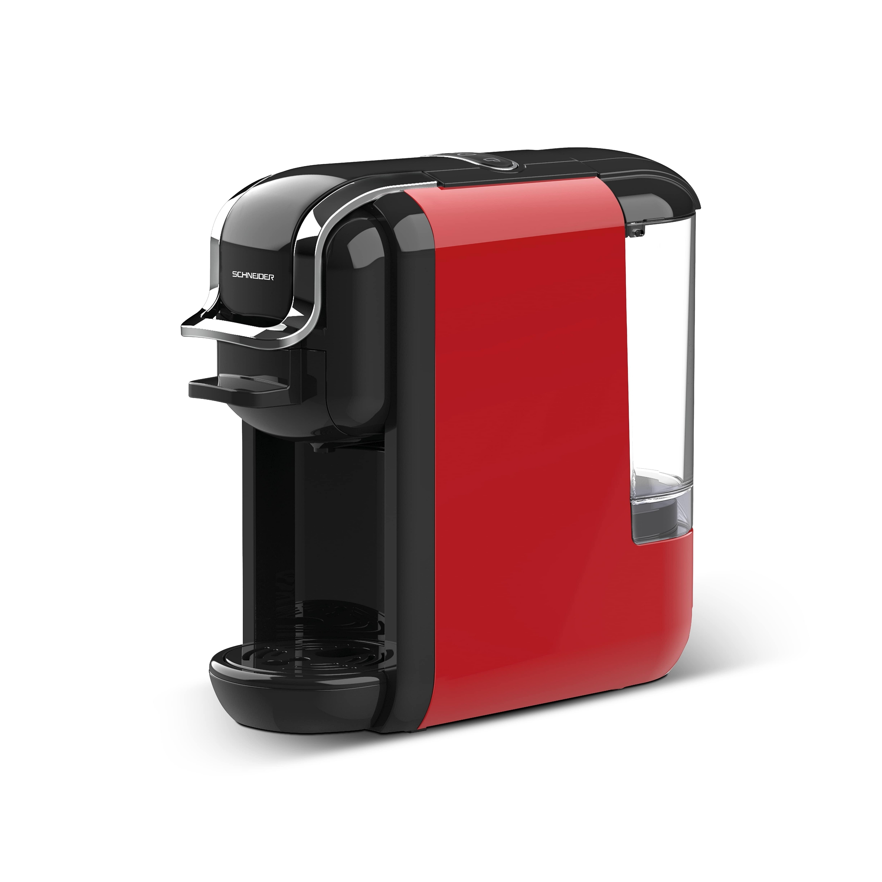 Una macchina da caffè Schneider rossa e nera su sfondo bianco.