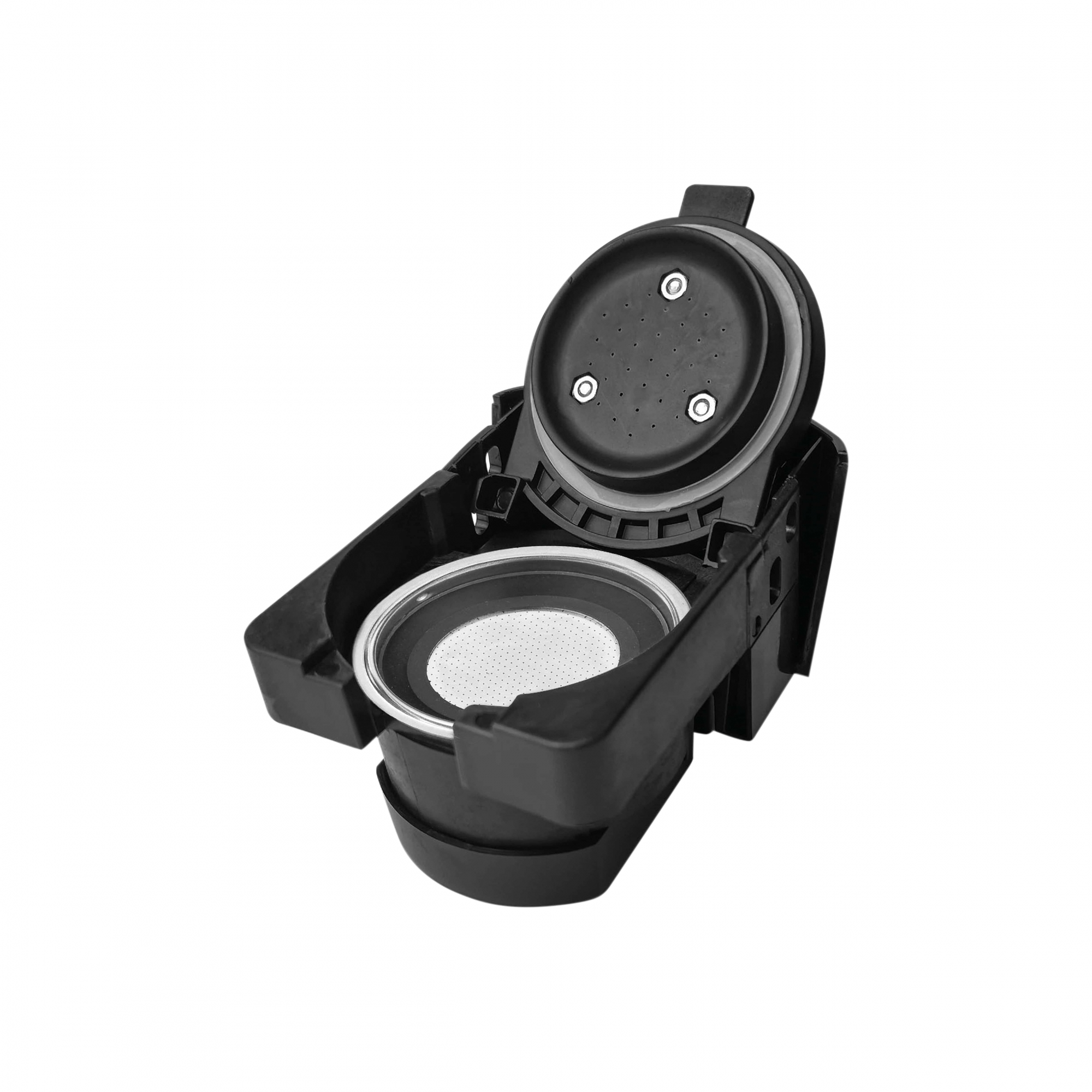 Componente nero della macchina per espresso con un cestello filtro argentato all'interno.