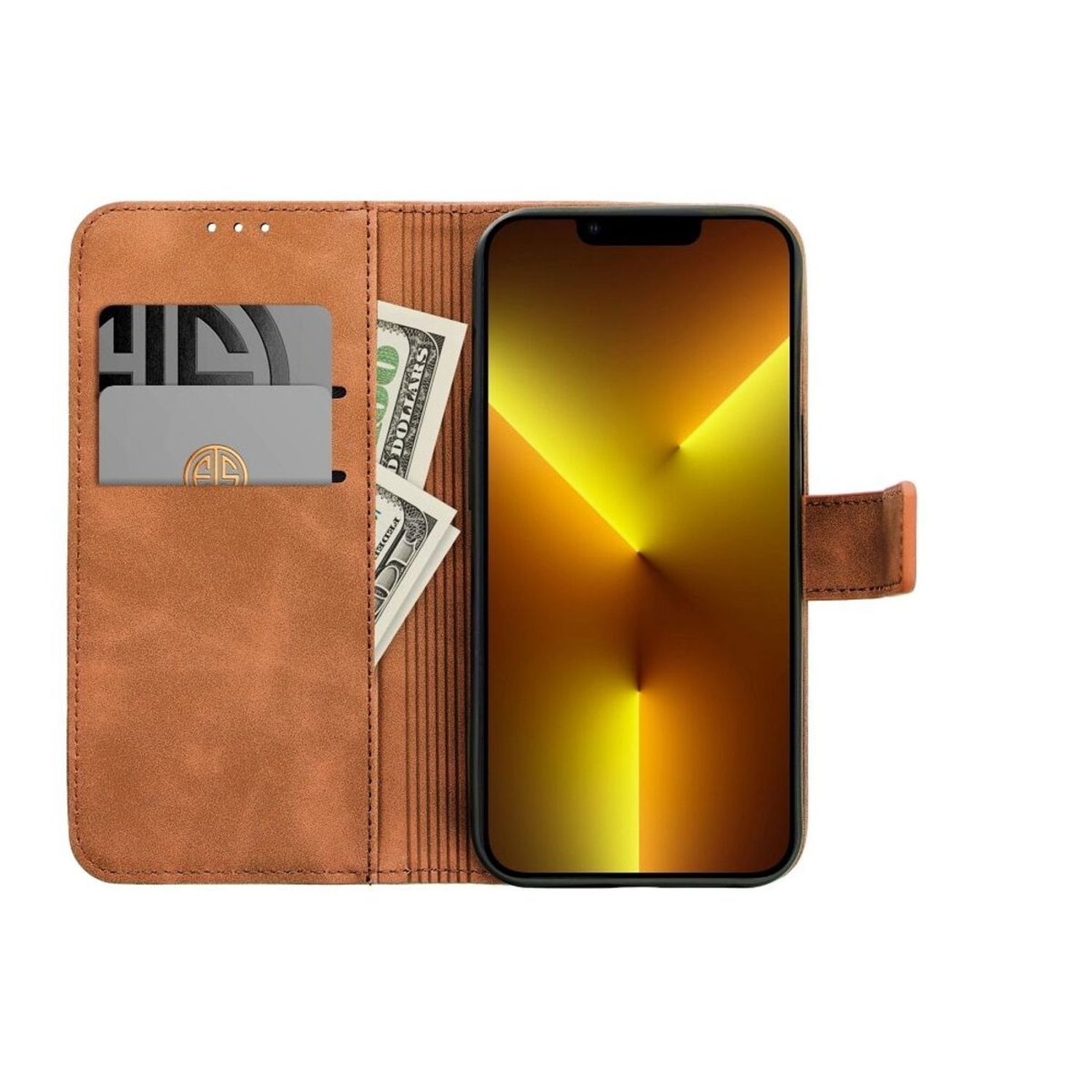 Telefon in einer braunen Brieftaschenhülle, zeigt die Karten- und Geldfächer. Der Bildschirm ist sichtbar.
