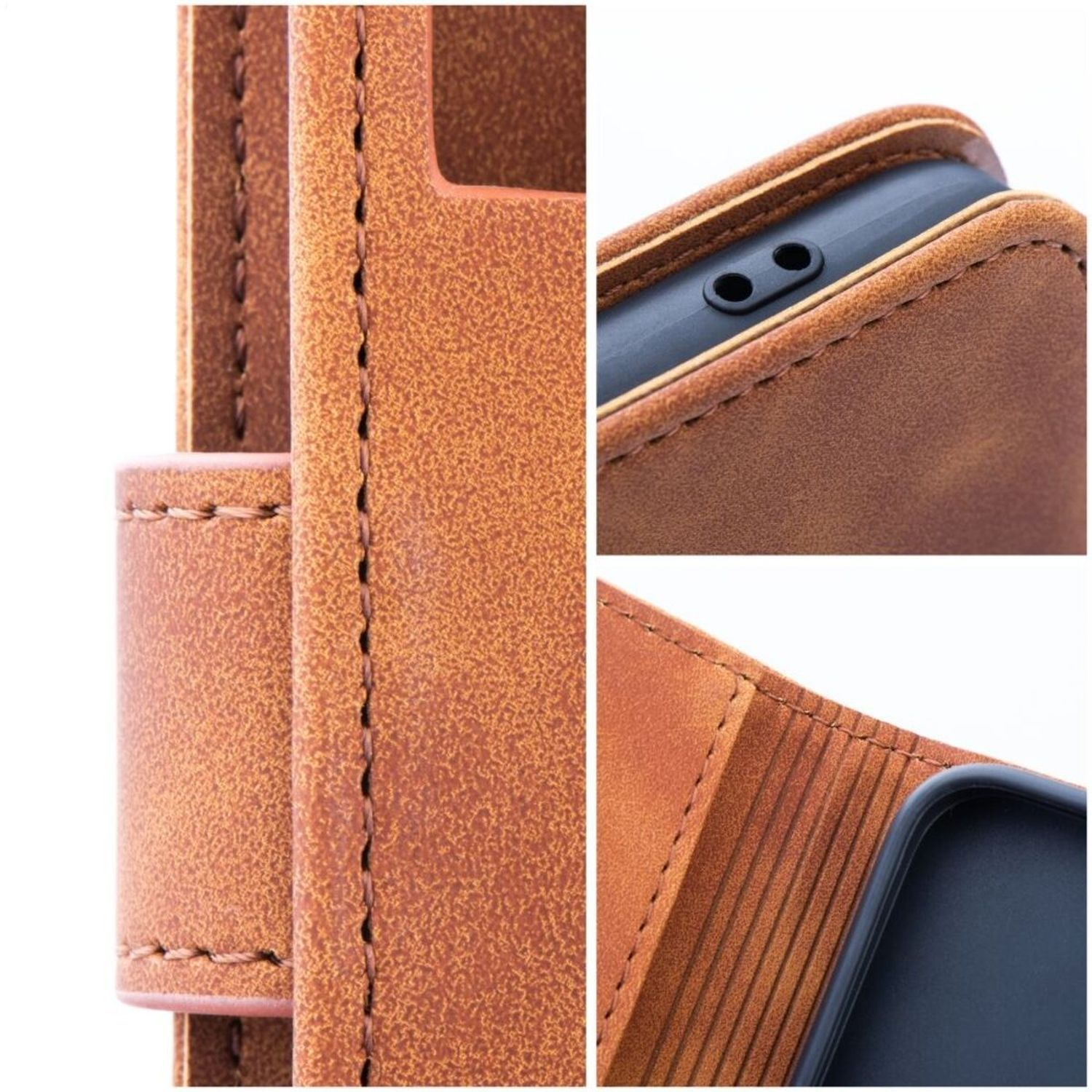 Detail einer braunen Leder-Handyhülle. Genähte Kanten, Klappe und Telefonumriss sichtbar. Nahaufnahme.
