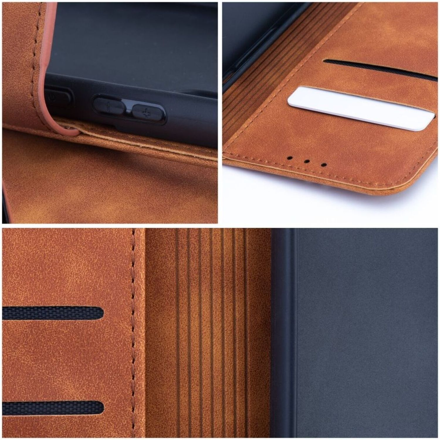 Nahaufnahme einer braunen Leder-Handyhülle mit Telefon darin. Details der Hülle sind sichtbar.