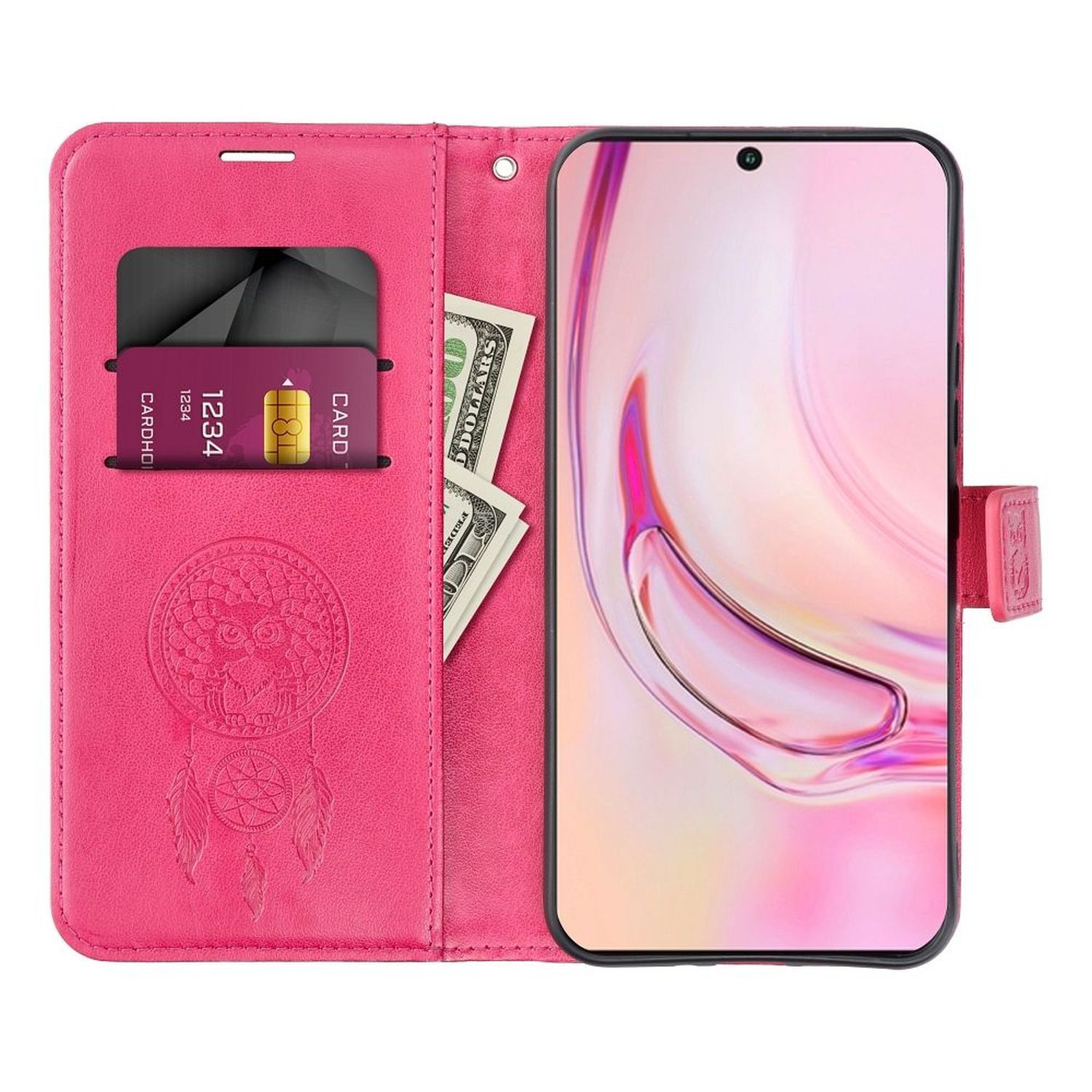 Rosa Handyhülle mit Karte und Geldscheinen innen, sowie ein Telefon.