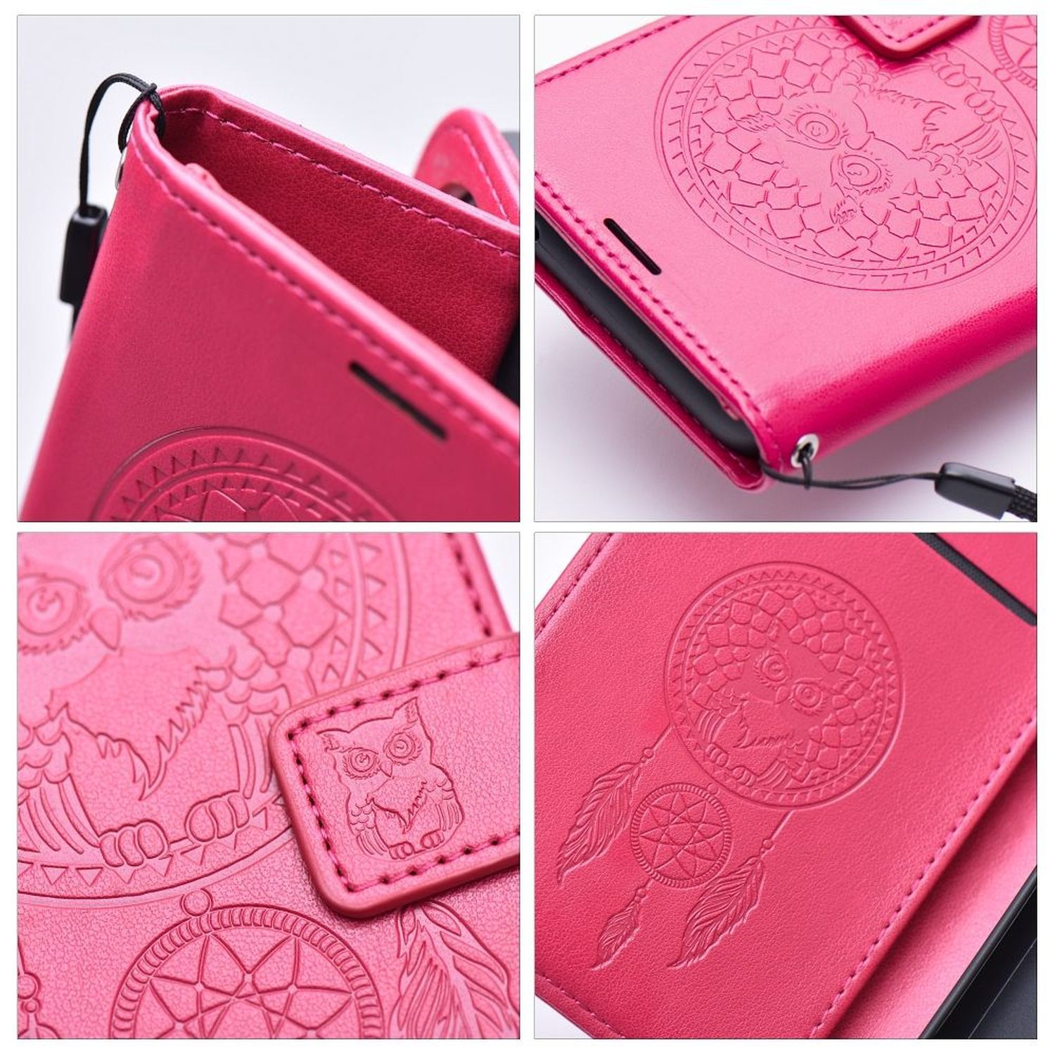 Vier detaillierte Nahaufnahmen einer rosa Leder-Handyhülle mit Eulen- und Traumfänger-Design.