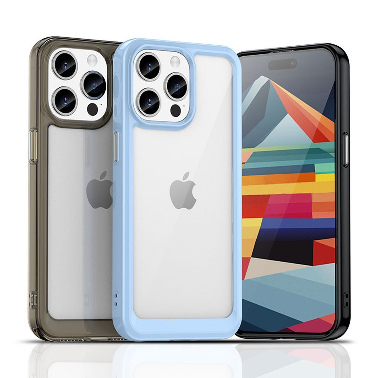 Drei Apple iPhones in transparenten Hüllen, schwarz und blau. Die Hüllen haben Kameraausschnitte und das Apple-Logo.