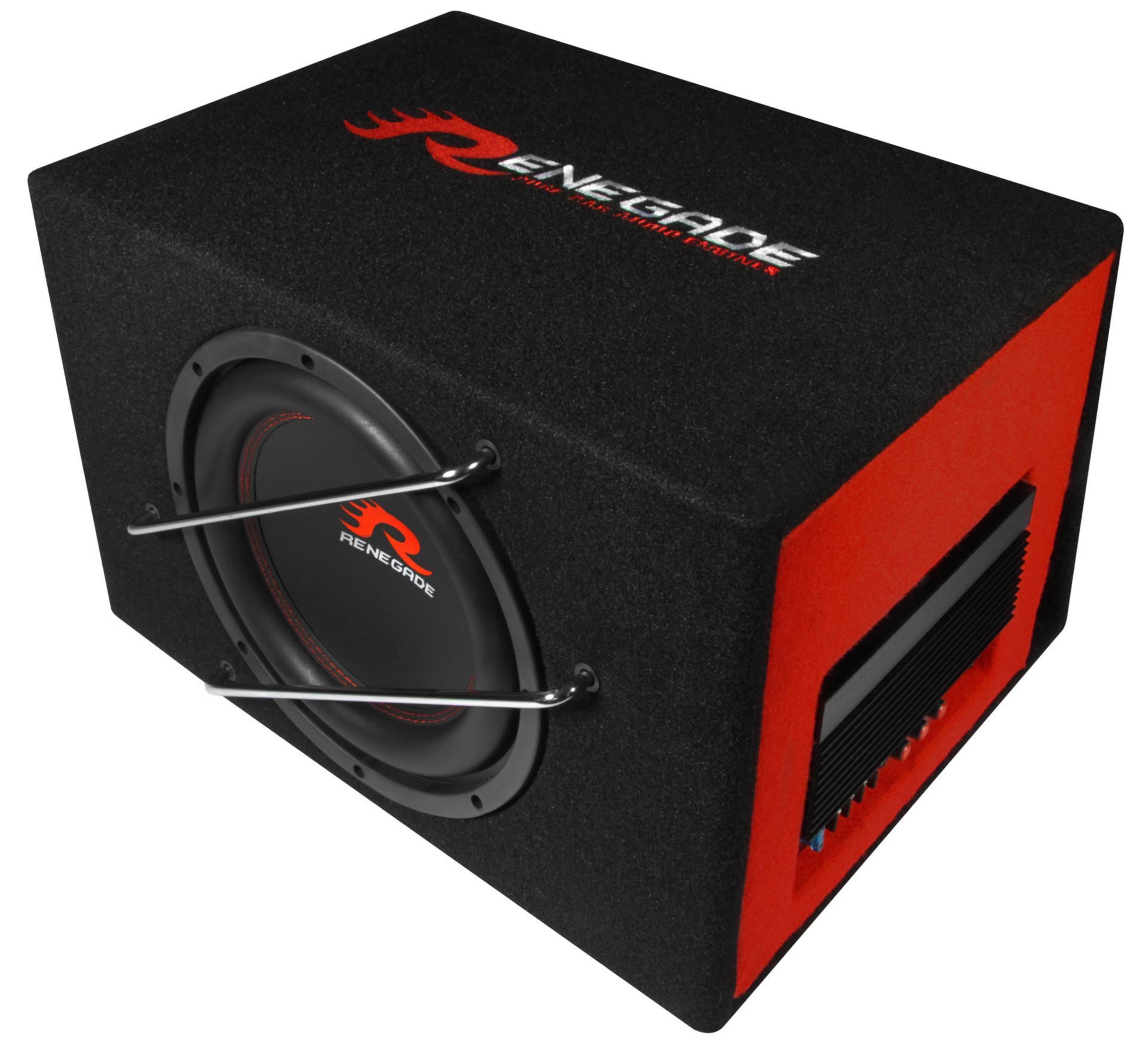 Eine schwarze und rote Subwoofer-Box mit Subwoofer und roter Frontplatte, auf weißem Hintergrund.