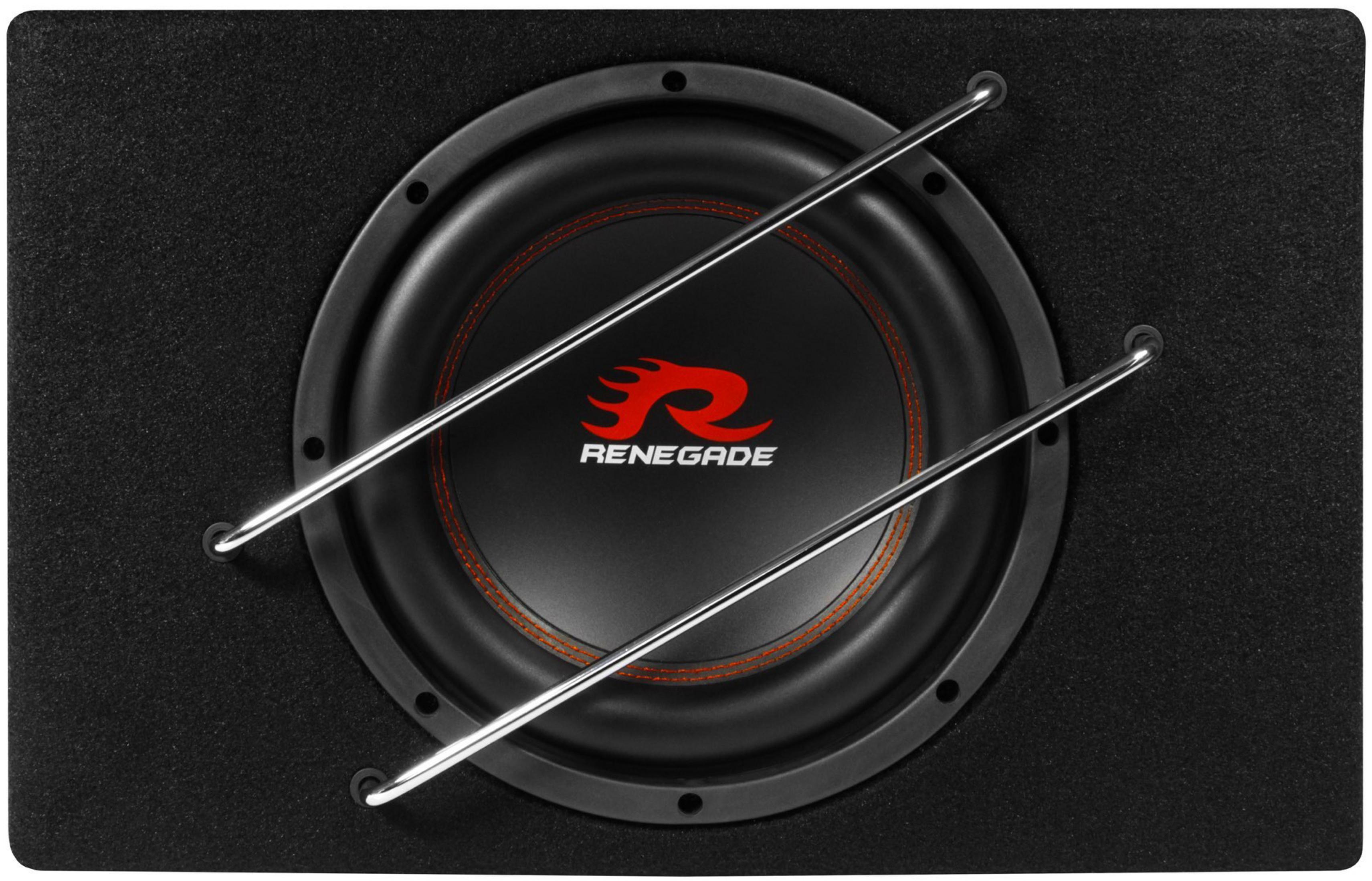 Schwarzer Subwoofer in einem Holzkasten mit rotem Logo und Metallstangen.