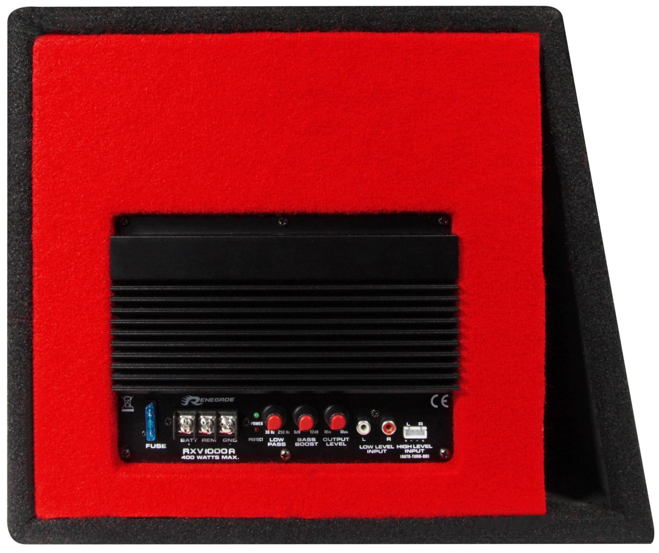 Roter Subwoofer mit schwarzen Akzenten. Schwarzes Verstärkerfeld hinten. CE-Kennzeichen sichtbar.