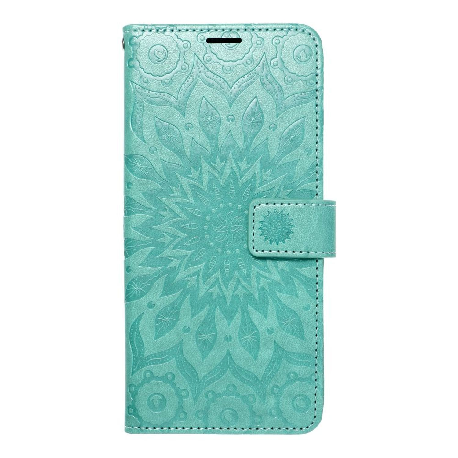 Eine türkisfarbene Handyhülle mit Mandala-Design und Knopfverschluss.