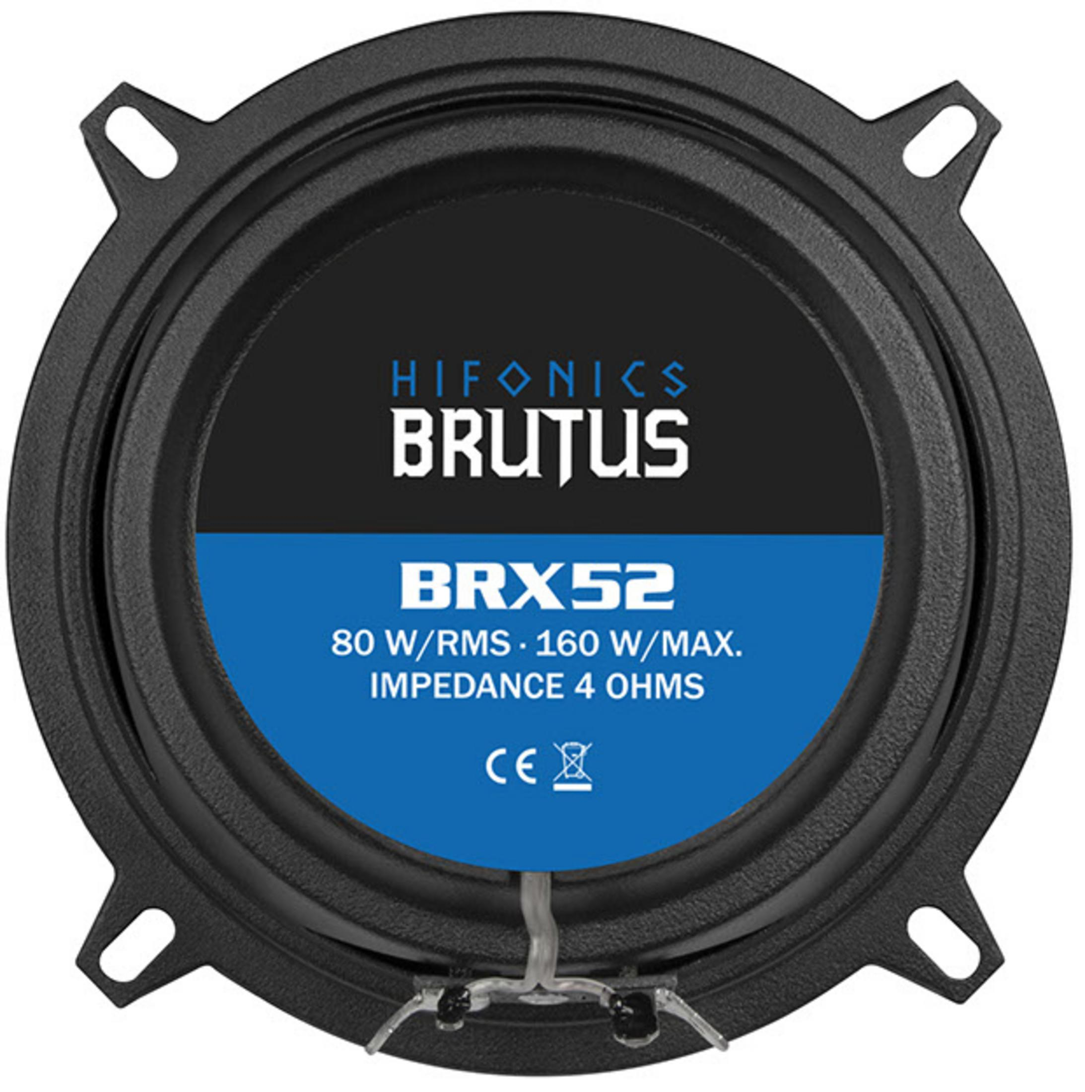 Ein schwarzer Lautsprecher mit einem blau-schwarzen Etikett mit der Aufschrift "HIFONICS BRUTUS BRX52".