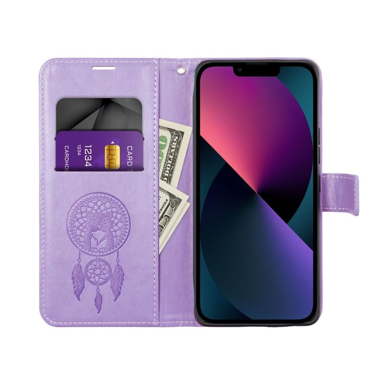 Eine lila Handyhülle mit Portemonnaie-Design und einem Telefon. Das Telefon hat einen lila Hintergrund.