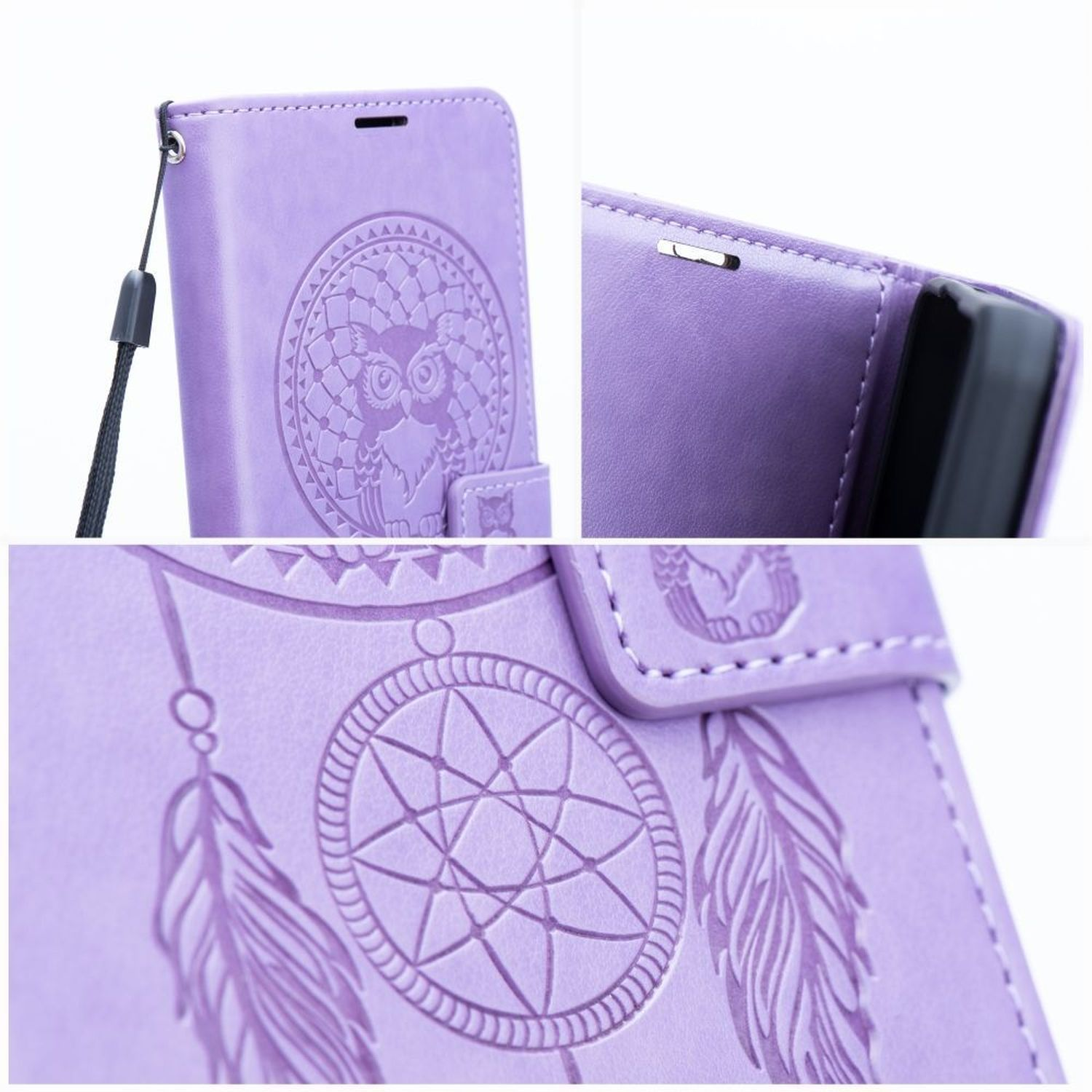 Lila Handyhülle mit Traumfänger-Design, detaillierte Nahaufnahmen.