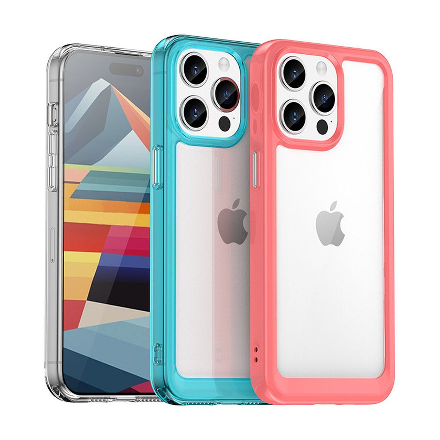 Drei Handyhüllen: klar, türkis und rosa, mit Apple-Logos.