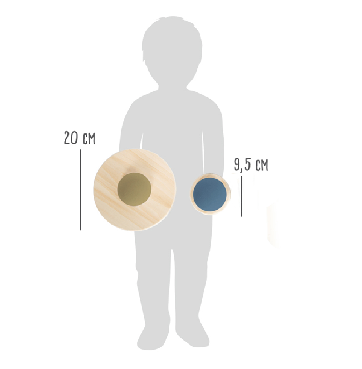 Kindersilhouette, die zwei Holzkreise hält. Einer groß, der andere klein, beide mit Maßen.
