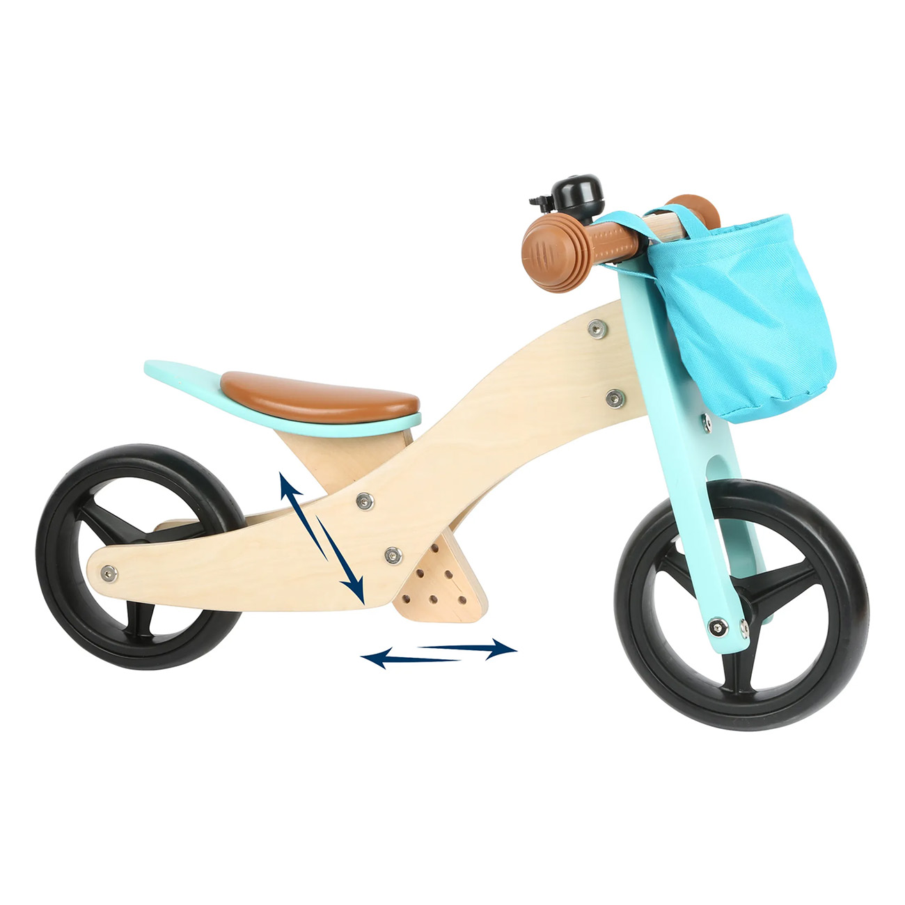 Bicicletta senza pedali in legno con cestino e sedile blu.