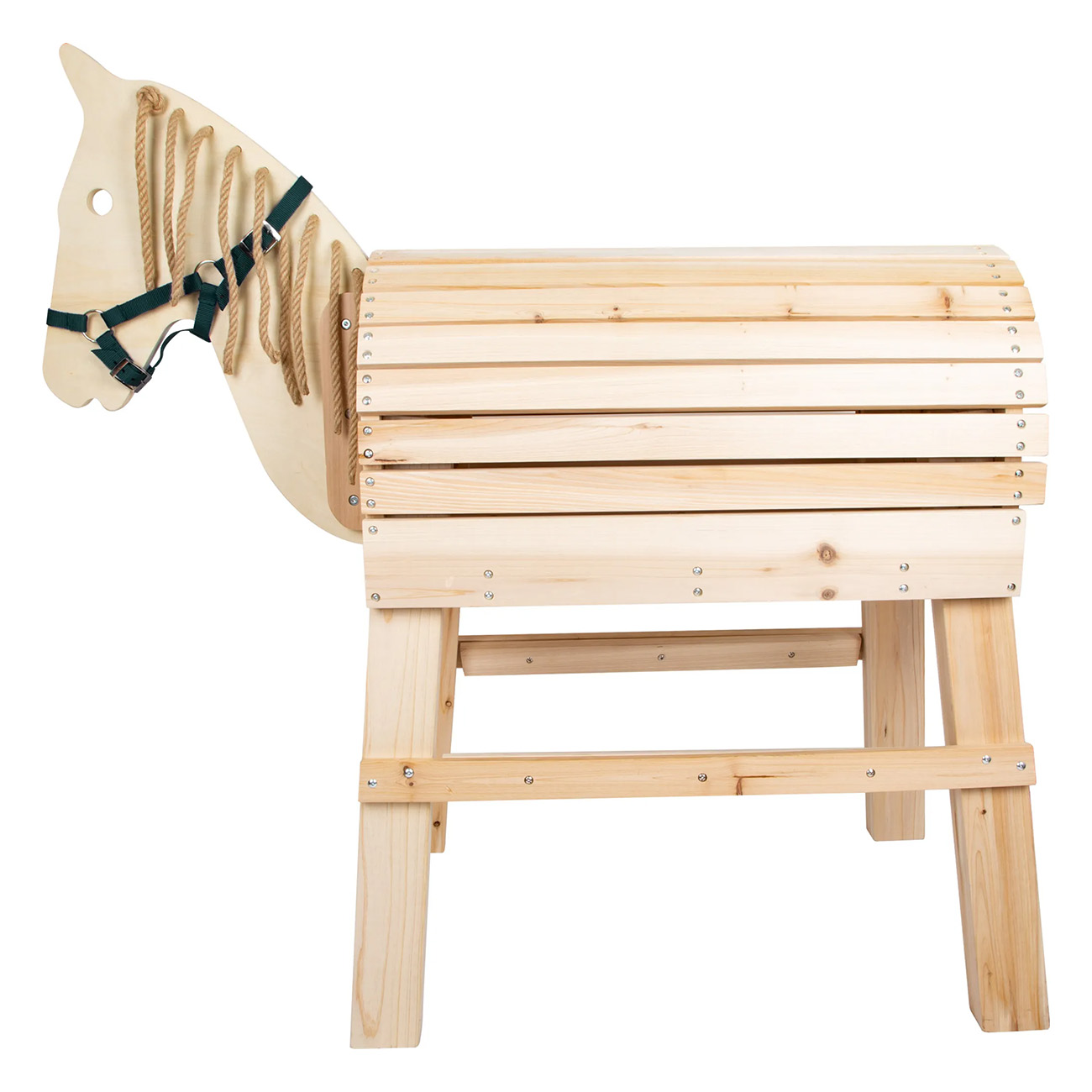 Schaukelpferd aus Holz. Hellbraunes Holz mit Kopf, Sattel und Beinen. Beige und grüne Details.