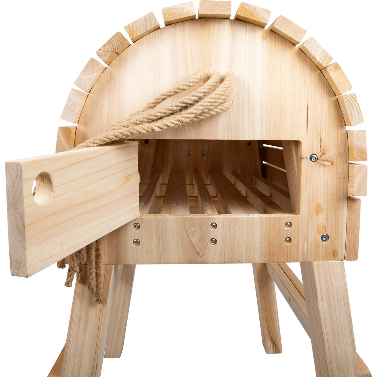Ein Pizzaofen aus Holz mit offener Front und einem Seilgriff.