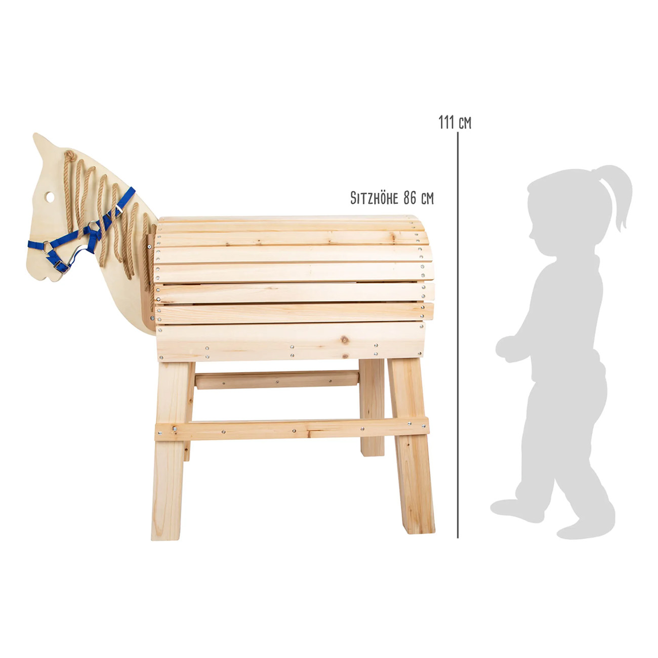 Holz-Pferdesitz für ein Kind, mit Kindsilhouette daneben.