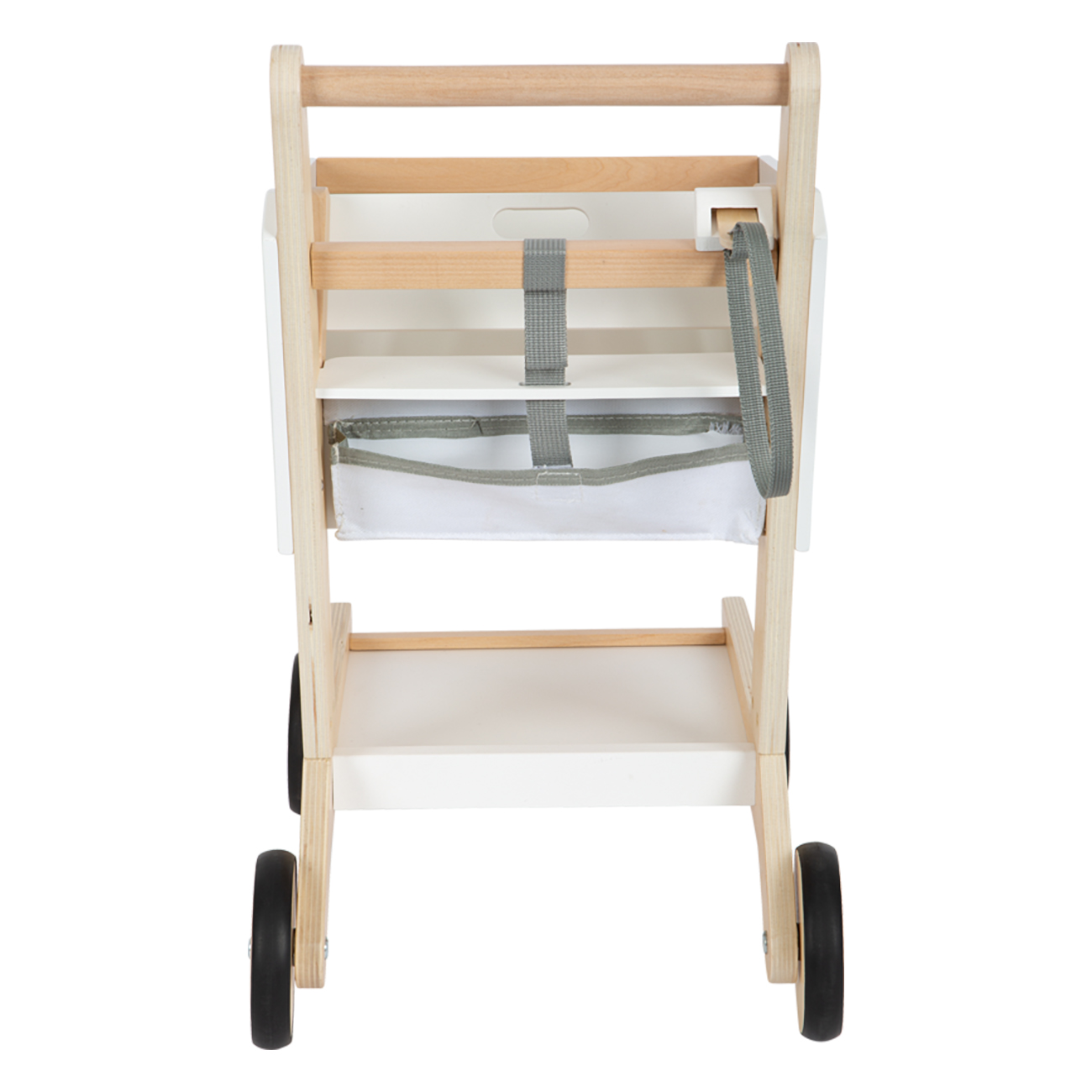 Baby-Lauflernwagen aus Holz mit weißem Sitz, grauem Gurt und Korb, auf weißem Hintergrund.