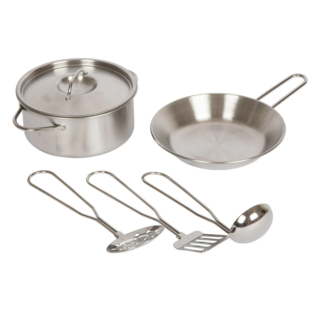 Spielzeug-Kochgeschirr-Set aus Edelstahl mit Topf, Bratpfanne und Utensilien.